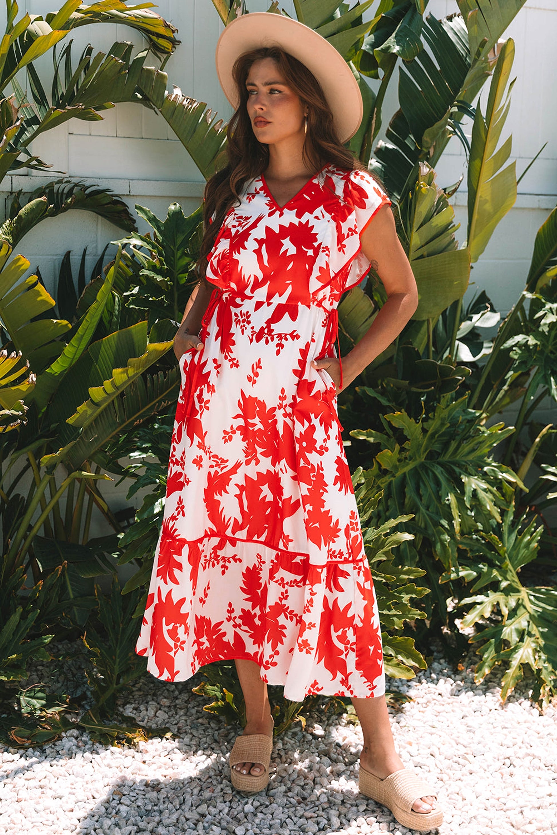 Red Floral Print Trimmed V Neck Ruffle Sleeve Long Dress - enhanced image 10