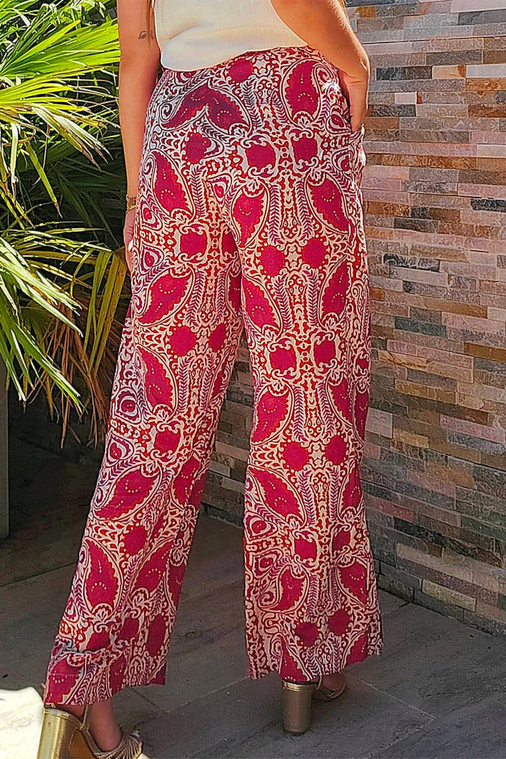 Red Paisley Printed Buttoned High Waist Straight Leg Pants - enhanced image 10