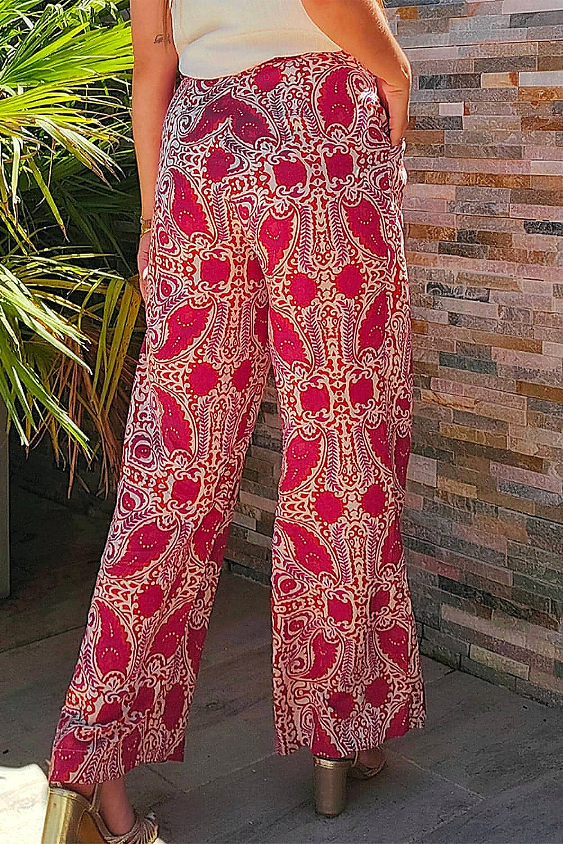 Red Paisley Printed Buttoned High Waist Straight Leg Pants - enhanced image 10