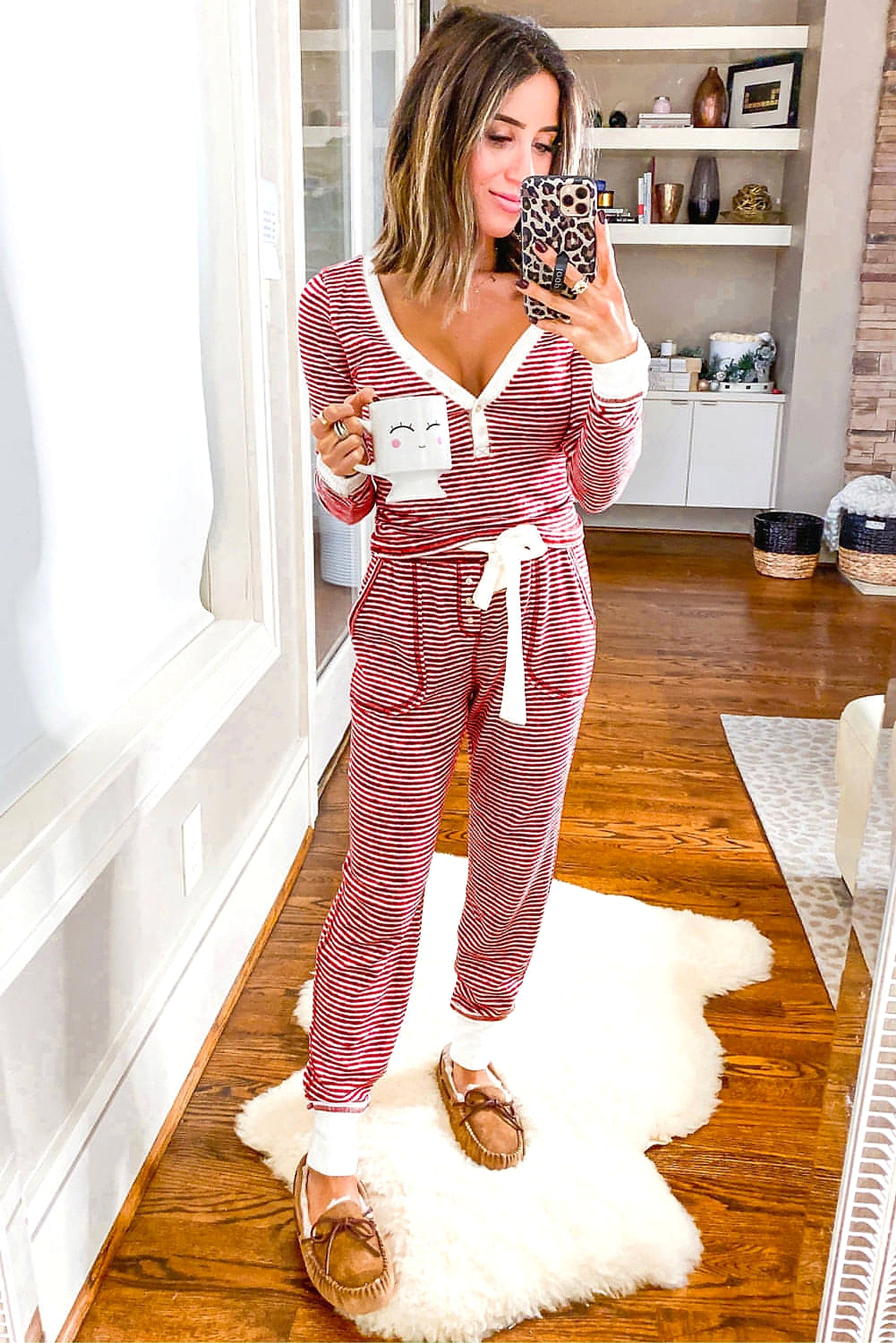 Red Stripe Buttoned V Neck Top and Knotted Waist Pants Lounge Set - enhanced image 10