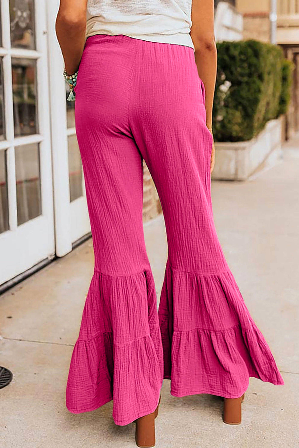 Rose Textured High Waist Ruffled Bell Bottom Pants - enhanced image 10