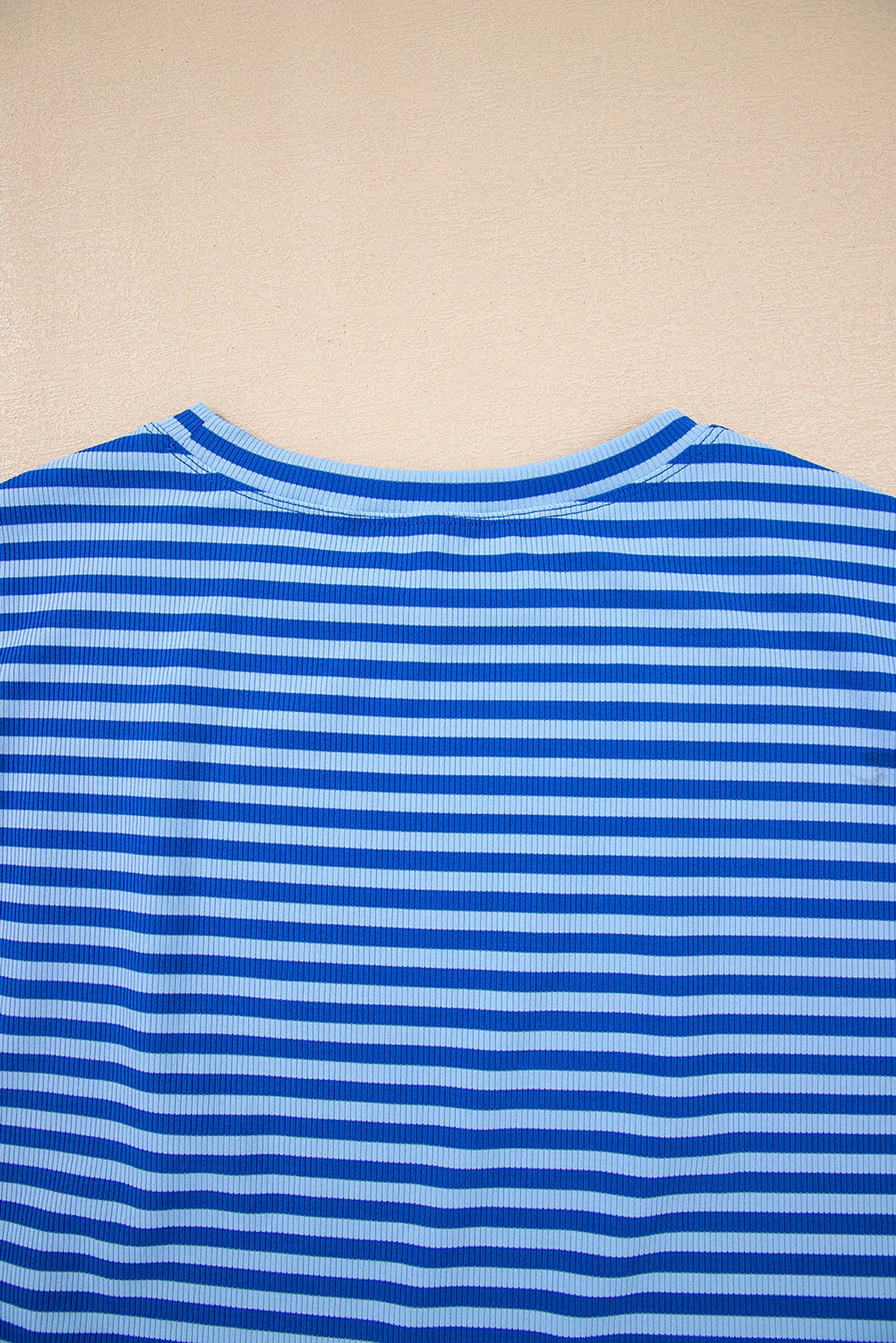 Sky Blue Stripe Ribbed Cap Sleeve Round Neck T Shirt - enhanced image 10