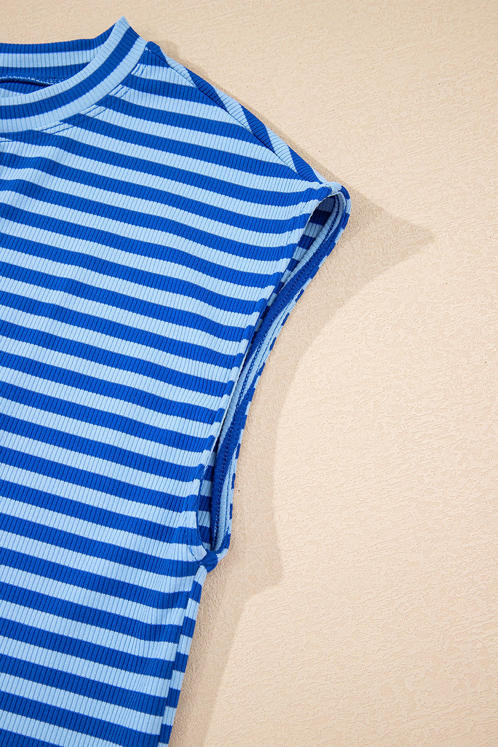 Sky Blue Stripe Ribbed Cap Sleeve Round Neck T Shirt - enhanced image 10