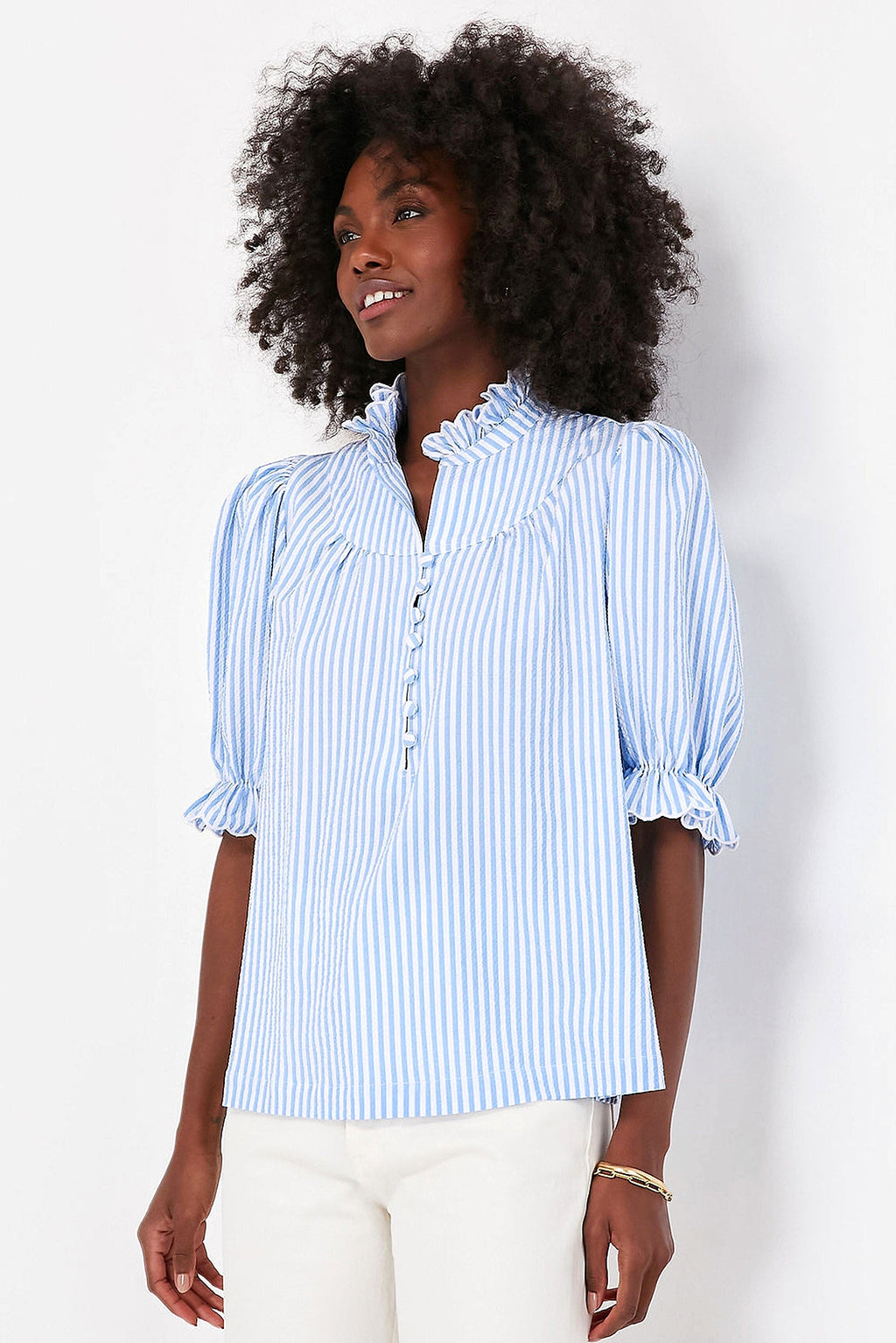Sky Blue Stripe Ruffled Collar Puff Sleeve Half Buttons Blouse - enhanced image 10