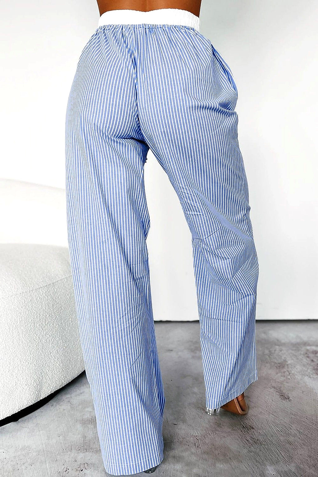 Sky Blue Stripe Wide Leg Buttoned Lace up Elastic High Waist Pants - enhanced image 10