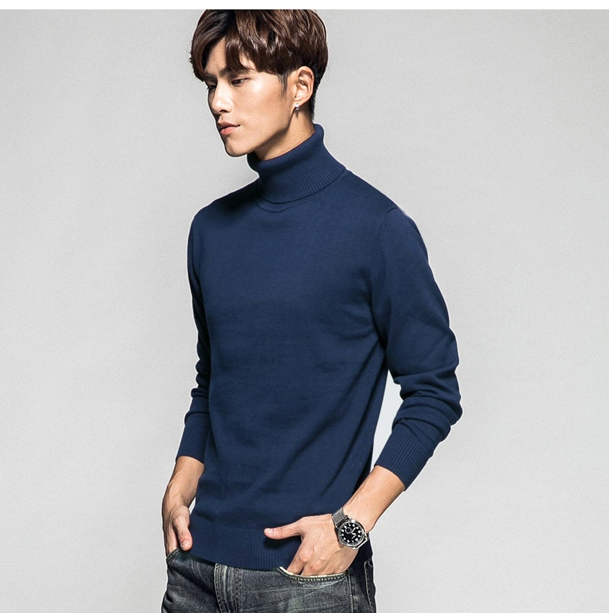 Solid Color Long Sleeve Turtleneck Pullover Men's Base Sweater - enhanced image 10