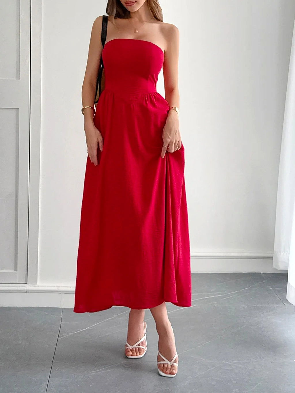 Strapless A-Line Midi Dress with Pockets - enhanced image 10