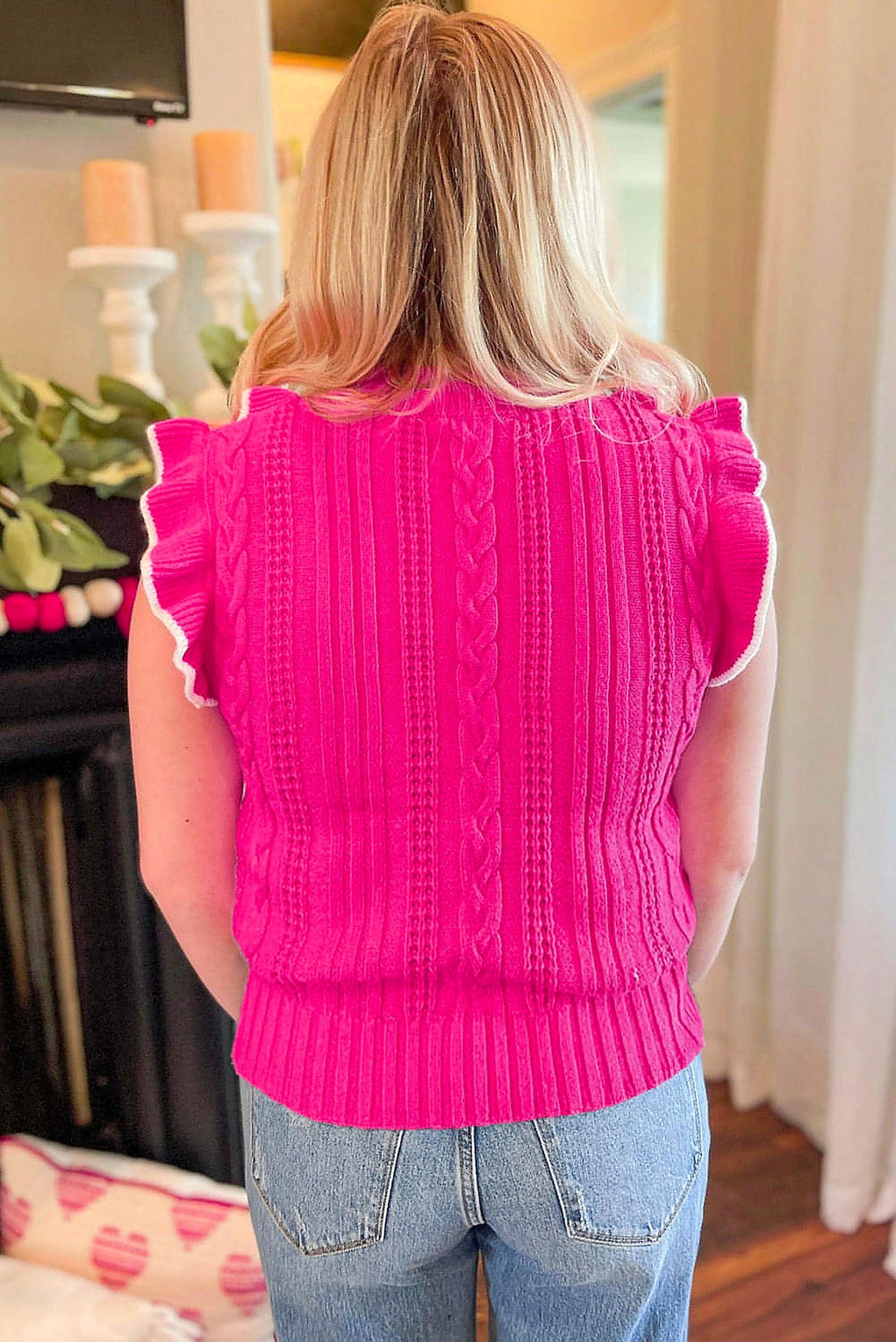 Strawberry Pink Textured Knit Ruffled Mock Neck Sweater Tank - enhanced image 10