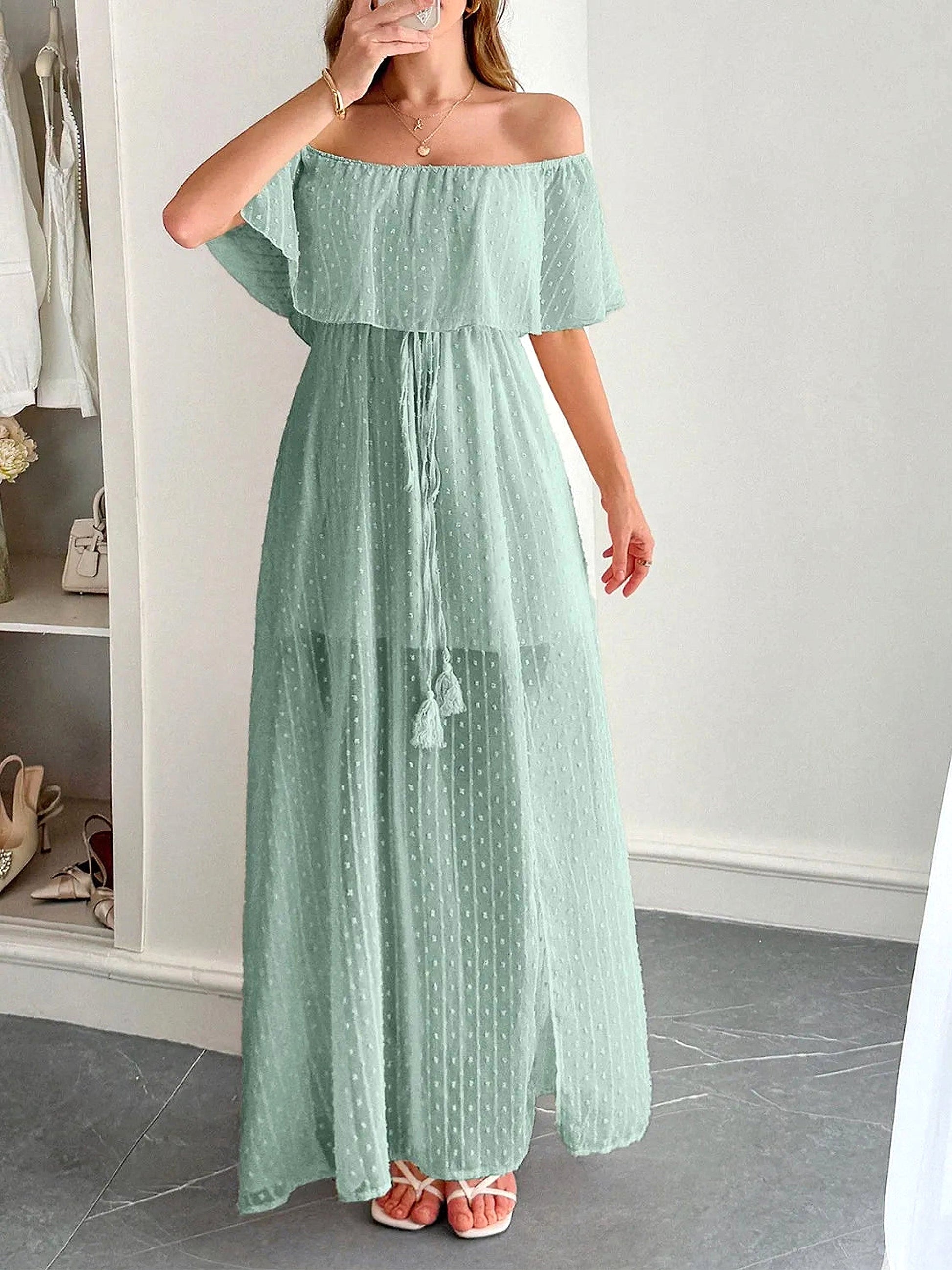 Swiss Dot Off Shoulder Maxi Dress - enhanced image 10
