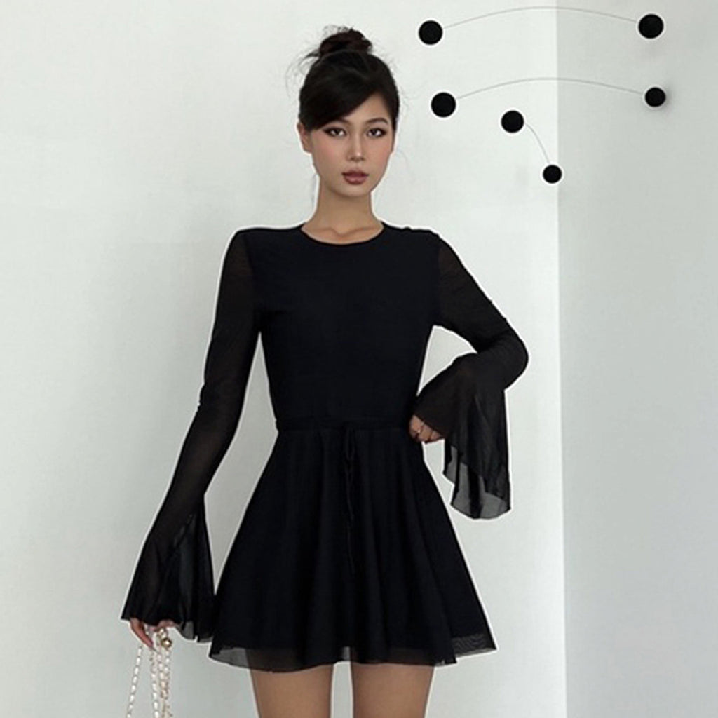 Temperament Crew Neck Horn Long Sleeve Mesh Dress Skinny Skirt - enhanced image 10