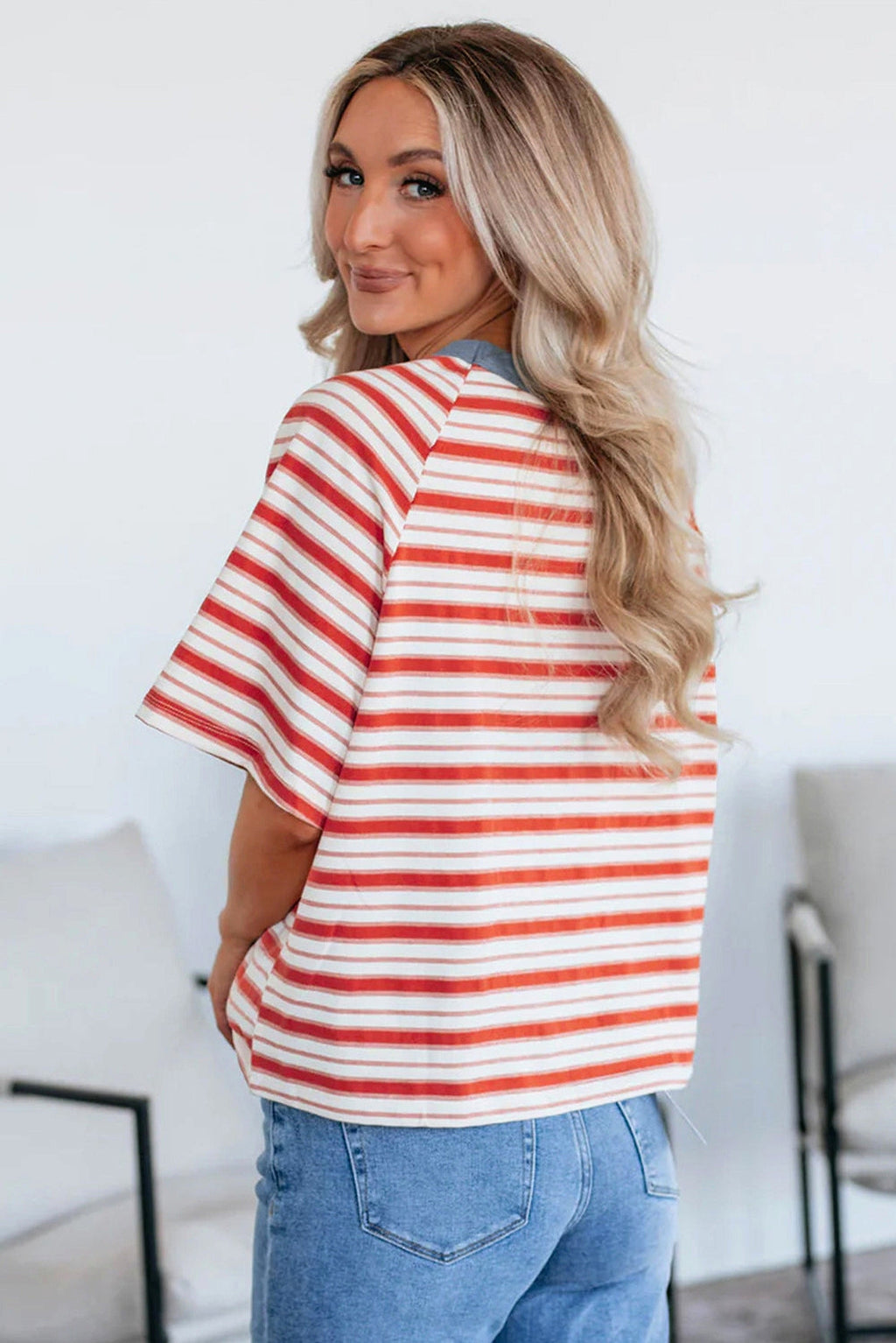 Tomato Red Stripe Print Contrast Collar Raglan Sleeve T Shirt - enhanced image 10