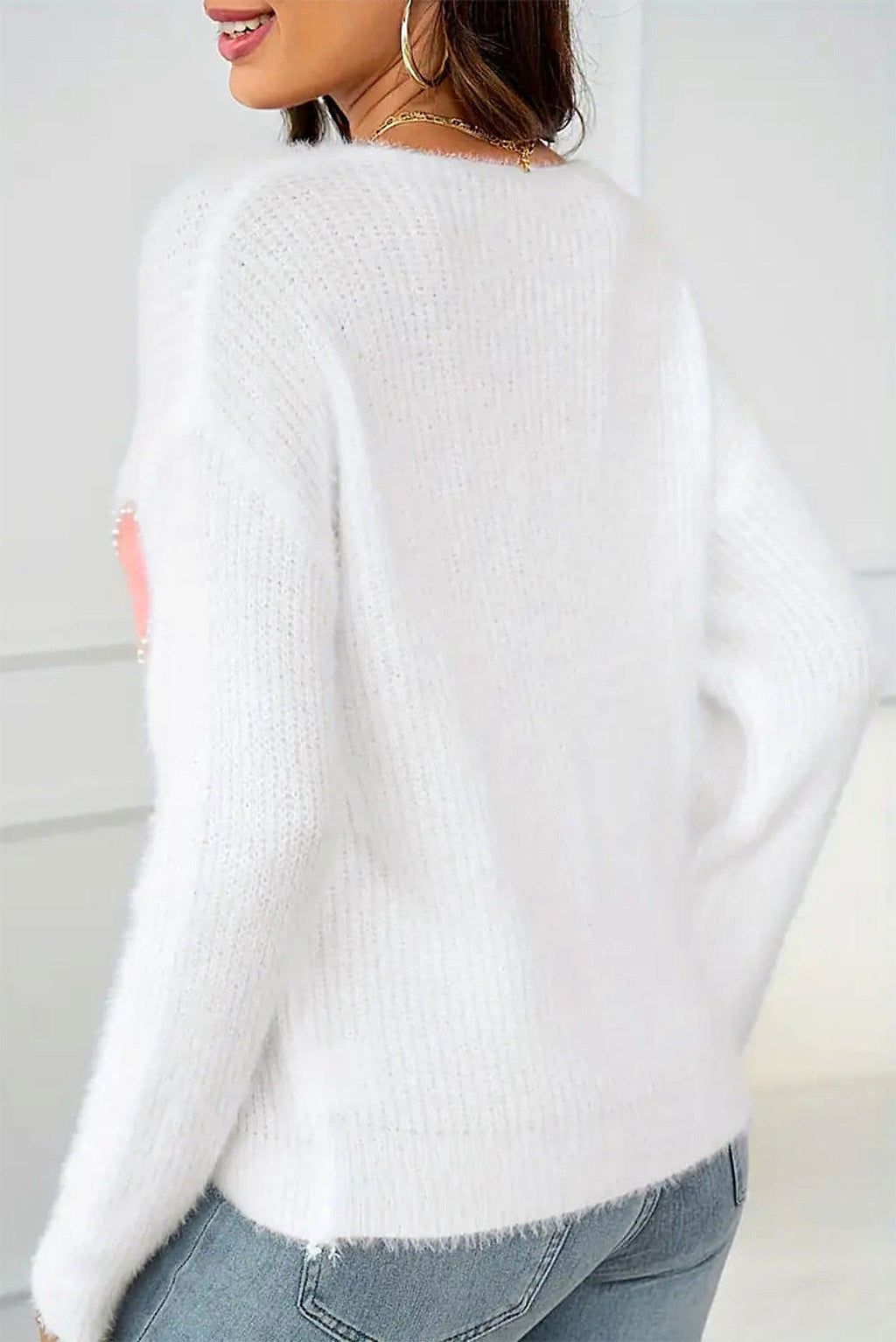 White Pearl Beaded Heart Pattern Fuzzy V Neck Sweater - enhanced image 10