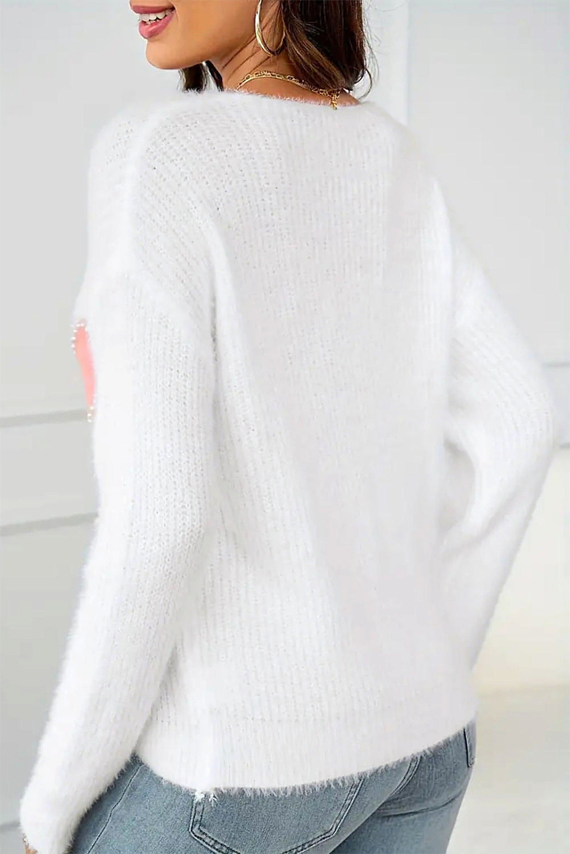 White Pearl Beaded Heart Pattern Fuzzy V Neck Sweater - enhanced image 10