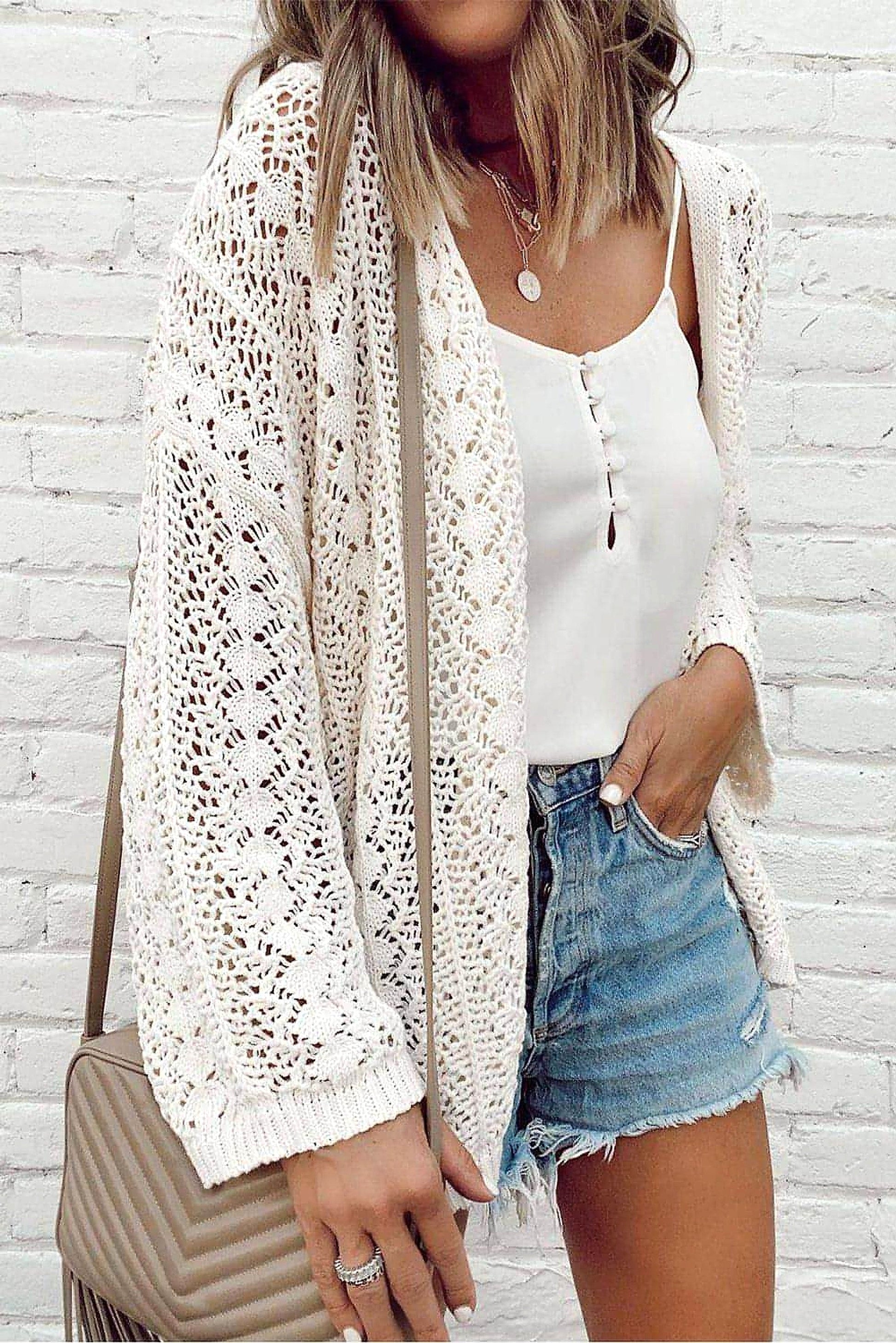 White Stylish Hollow Out Knit Drop Shoulder Cardigan - enhanced image 10