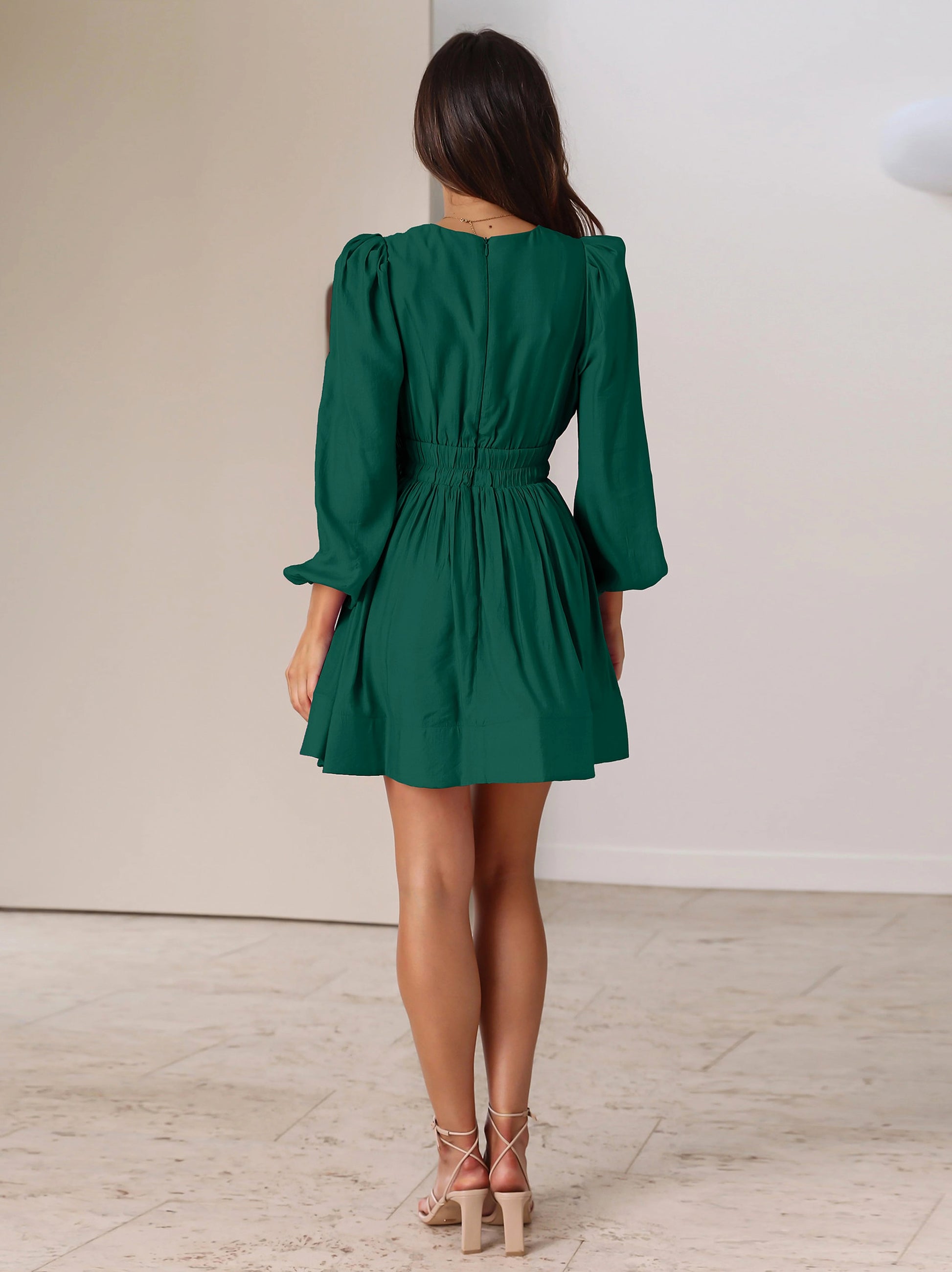 Women's Elastic Waist Pleated Ruffled French Skirt Long Sleeve Short Dress - enhanced image 10