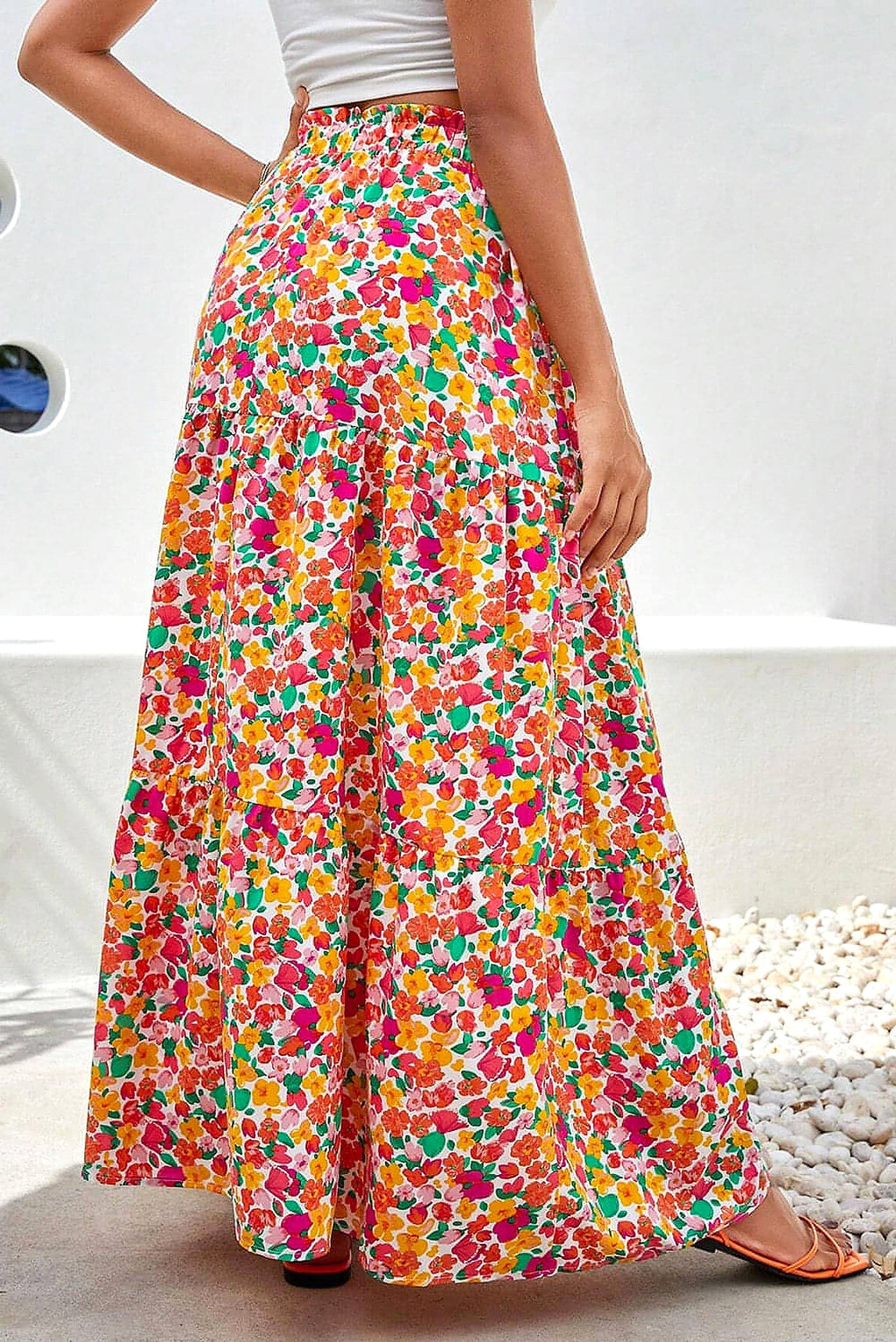 Yellow Boho Floral Print Tiered Long Skirt - enhanced image 10