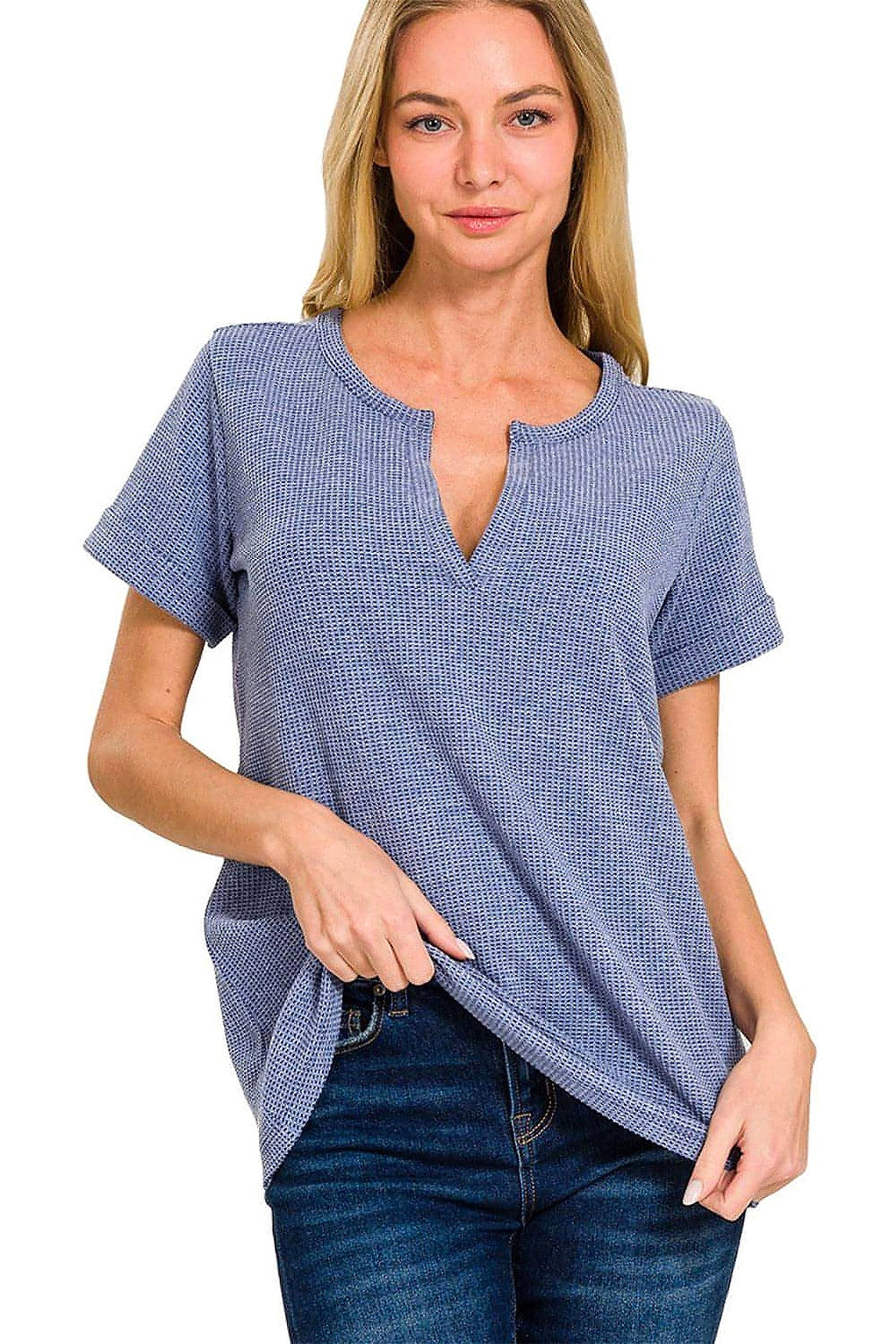 Zenana Notched Short Sleeve Waffle T-Shirt - enhanced image 10