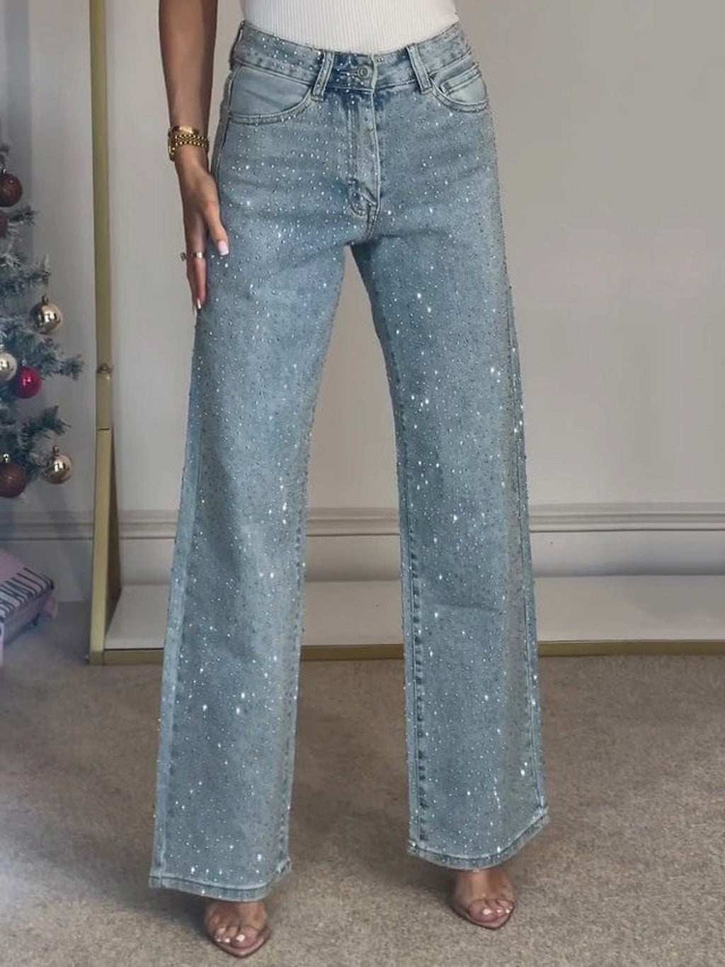 25 Edition – Women’s High Waist Straight Street Jeans with Glitter Details - enhanced image 11