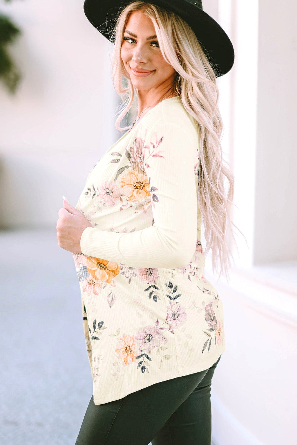 Apricot Floral Print Ribbed Knit Slim Fit Cardigan - enhanced image 11