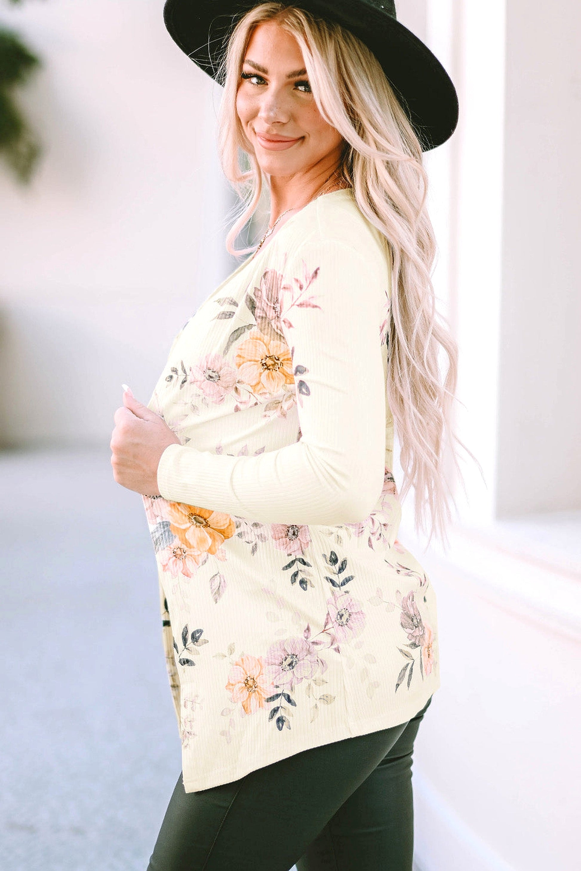 Apricot Floral Print Ribbed Knit Slim Fit Cardigan - enhanced image 11