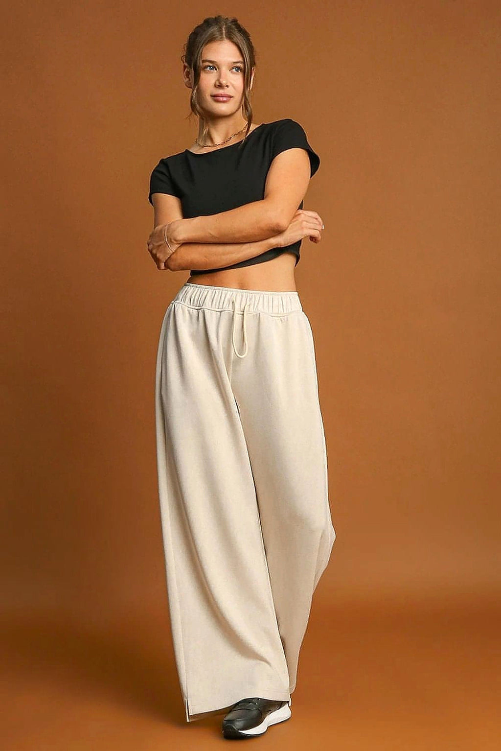 Apricot Loop Drawstring Casual Wide Leg Pants - enhanced image 11