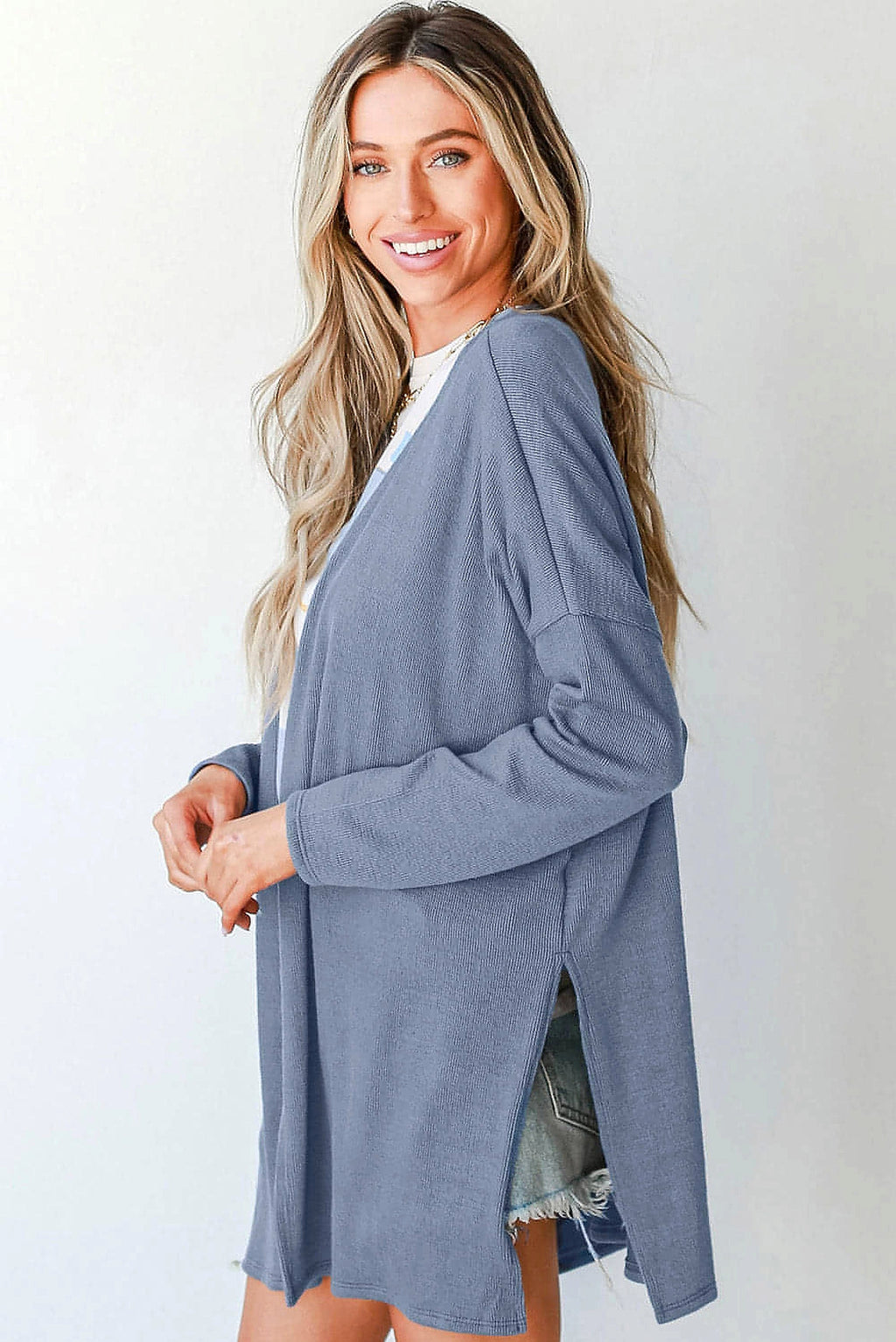 Ashleigh Blue Solid Color Rib Knit Open Front Tunic Cardigan - enhanced image 11