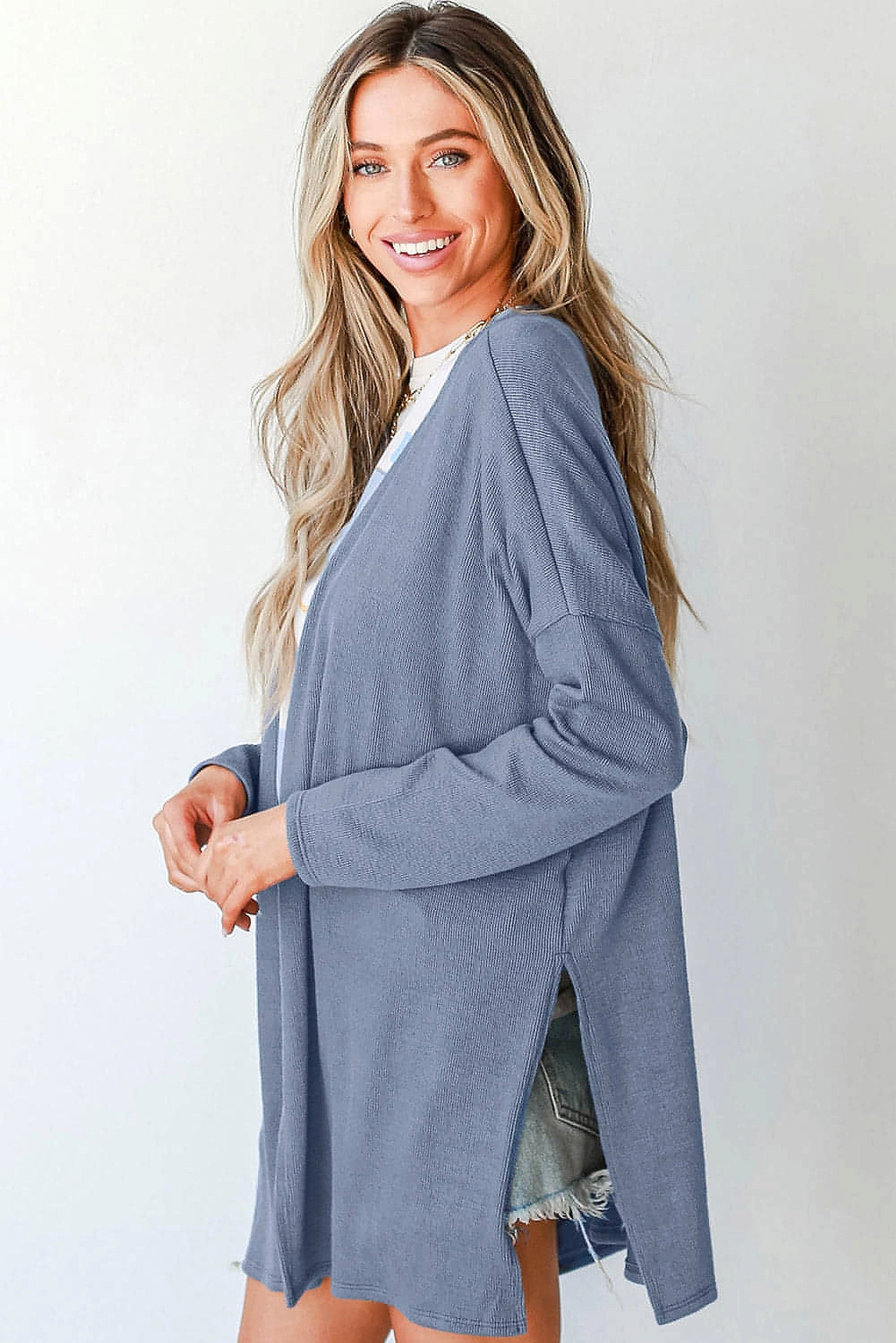 Ashleigh Blue Solid Color Rib Knit Open Front Tunic Cardigan - enhanced image 11