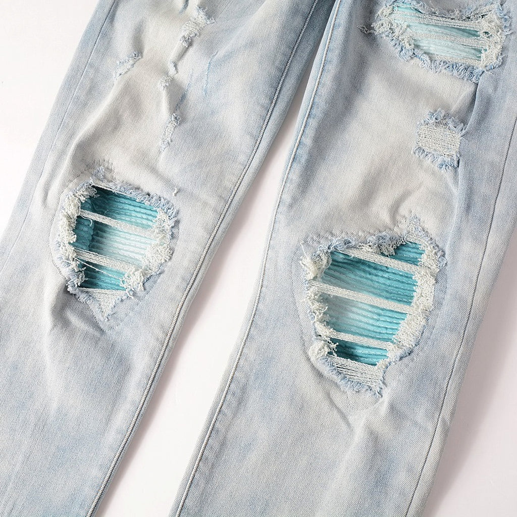 Baby Blue Wash Water Worn Patch Torn Jeans Male - enhanced image 11