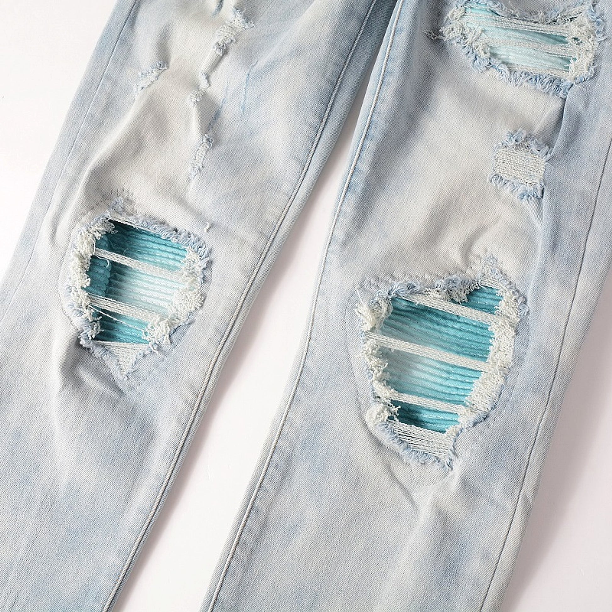 Baby Blue Wash Water Worn Patch Torn Jeans Male - enhanced image 11