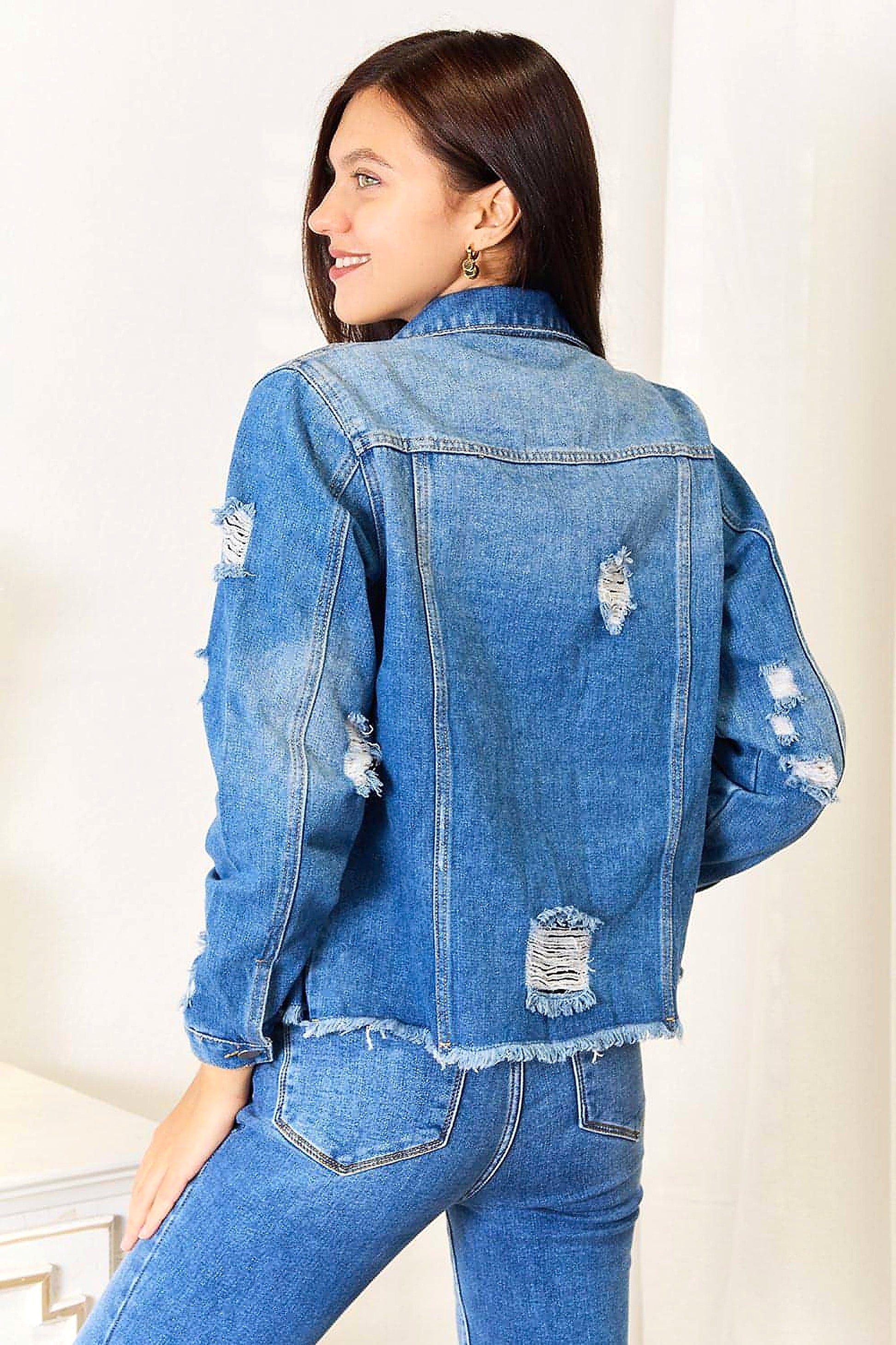Baeful Leopard Floral Distressed Raw Hem Denim Jacket - enhanced image 11