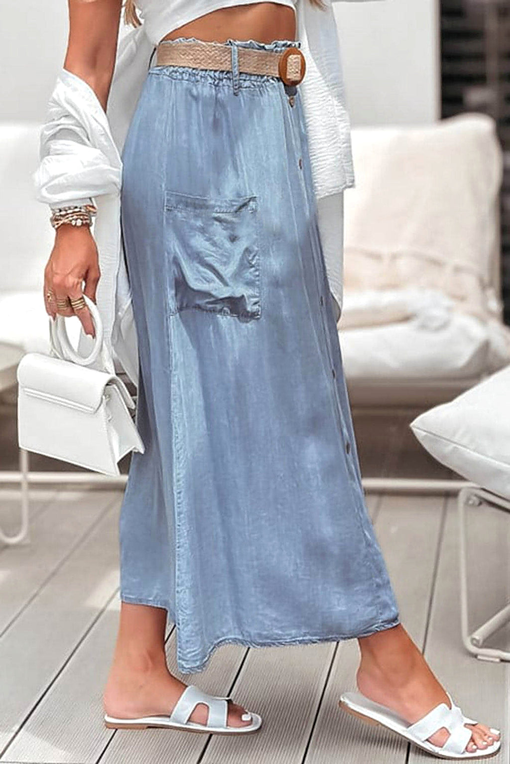 Beau Blue Buttoned Front High Waist Side Pockets Denim Maxi Skirt - enhanced image 11