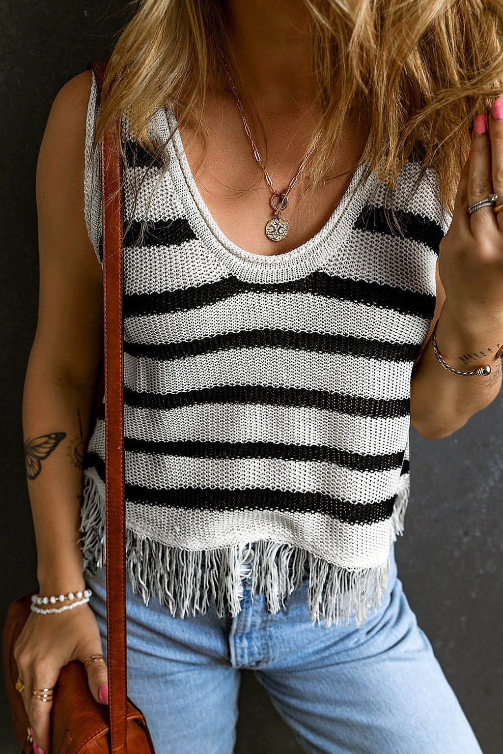 Beige Stripe Loose Knit Fringe Tank Top - enhanced image 11