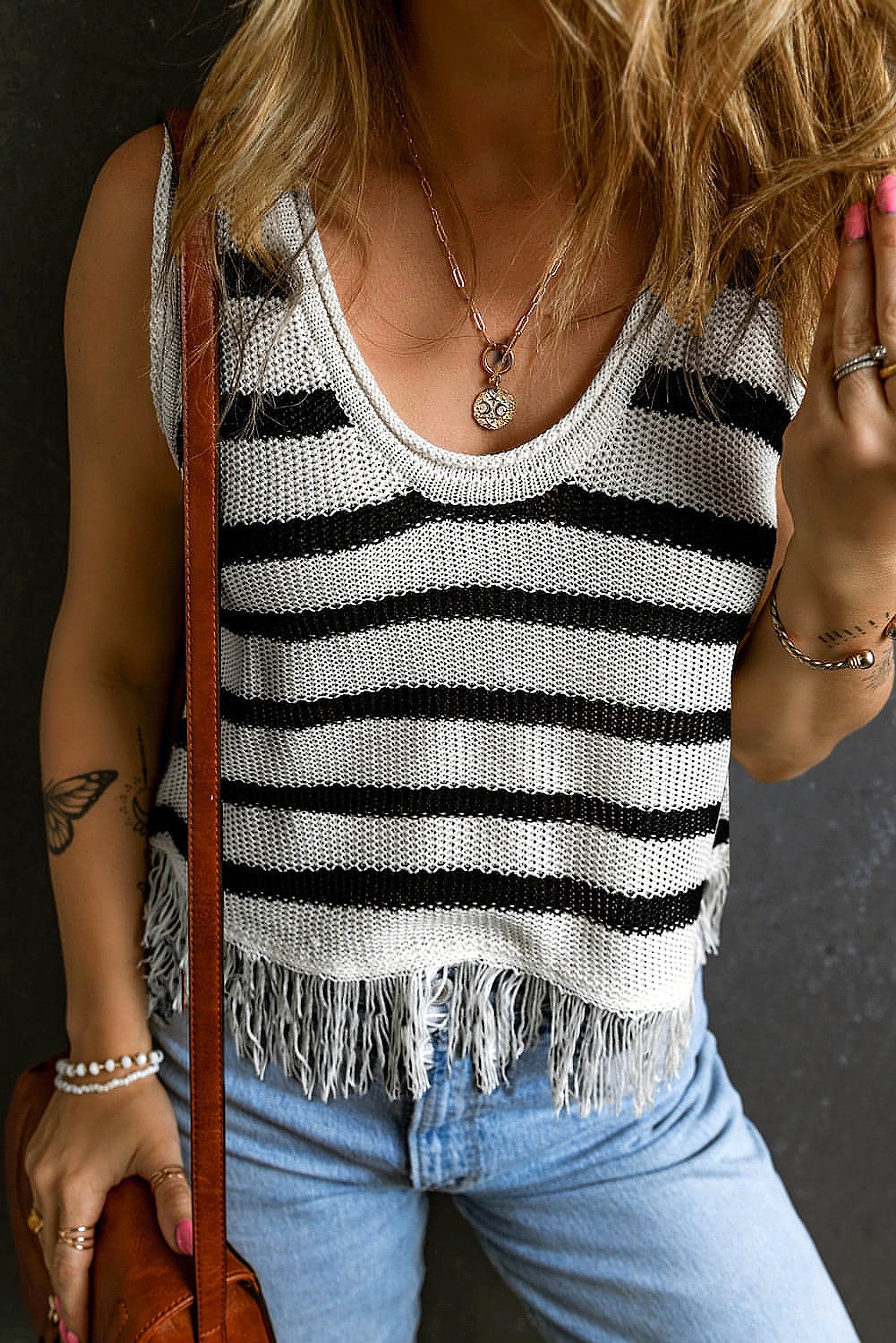 Beige Stripe Loose Knit Fringe Tank Top - enhanced image 11