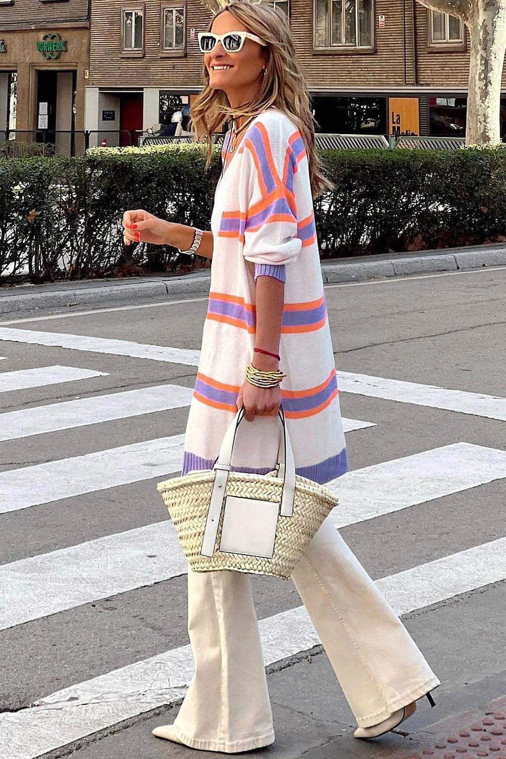 Beige Striped Long Sleeve Ribbed Trim Button Cardigan - enhanced image 11