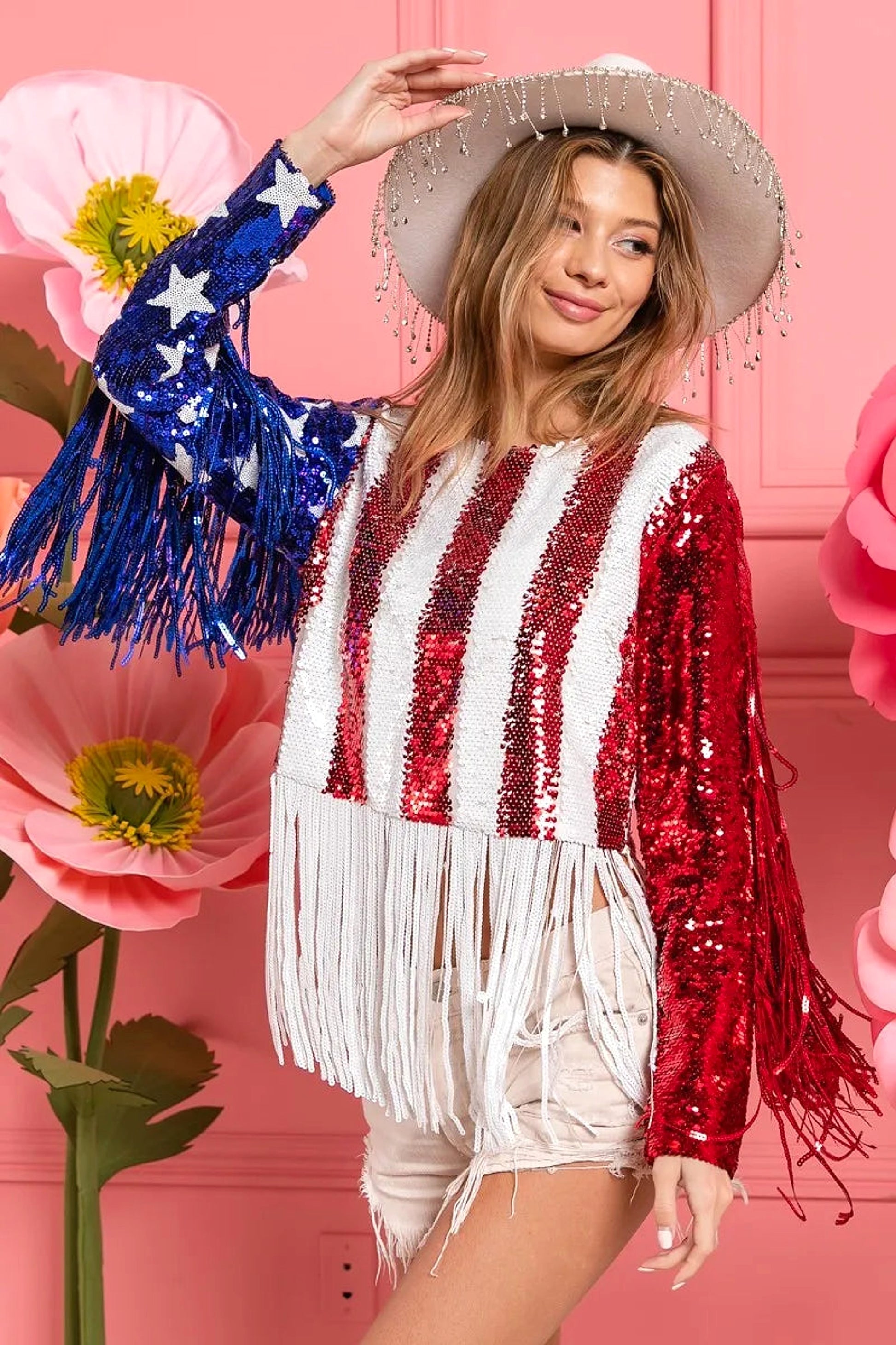 BiBi American Flag Theme Fringe Detailed Sequins Crop Top - enhanced image 11