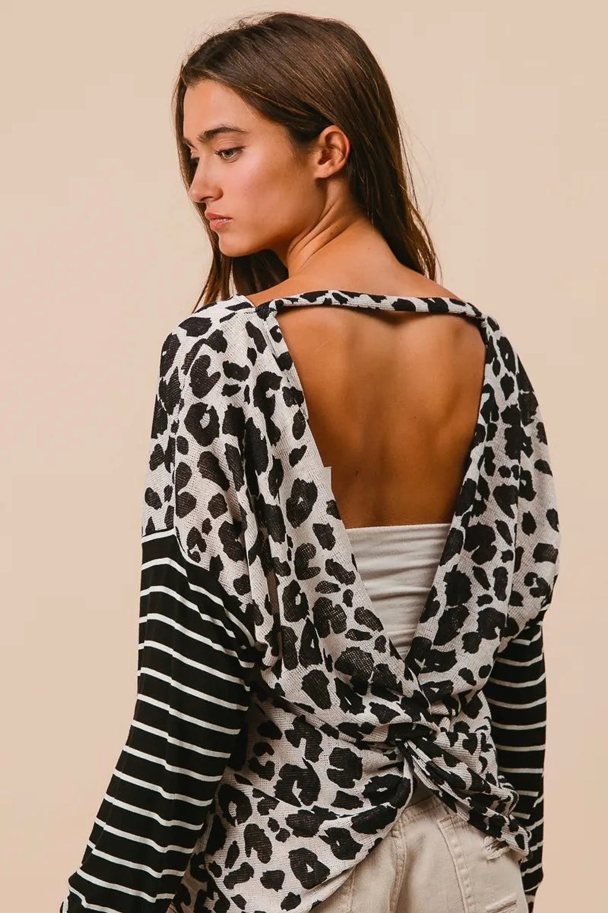 BiBi Leopard Hacci Knit Twist Back Top With Stripe Sleeve - enhanced image 11