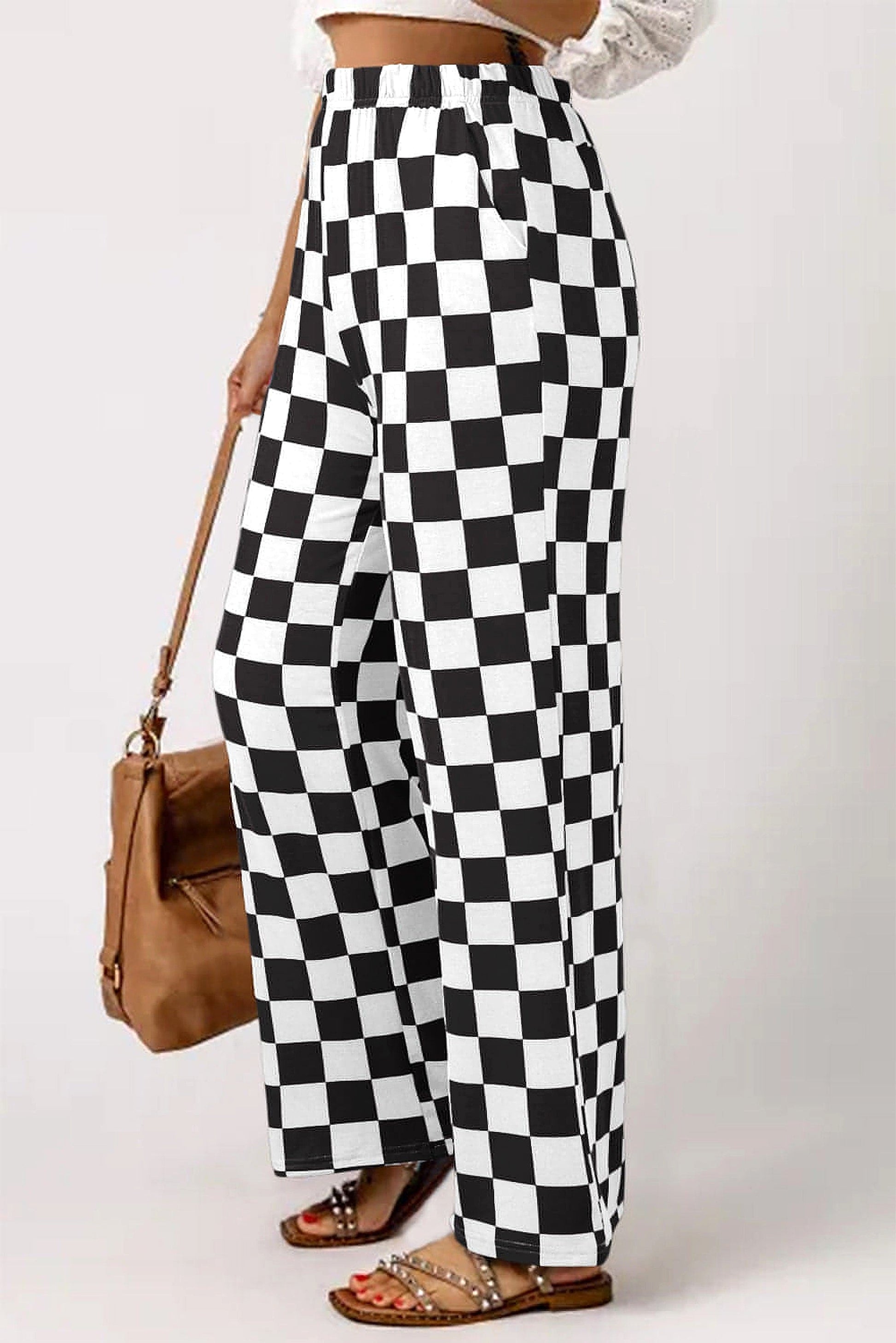 Black 2-Tone Checked Print High Waist Wide Leg Pants - enhanced image 11