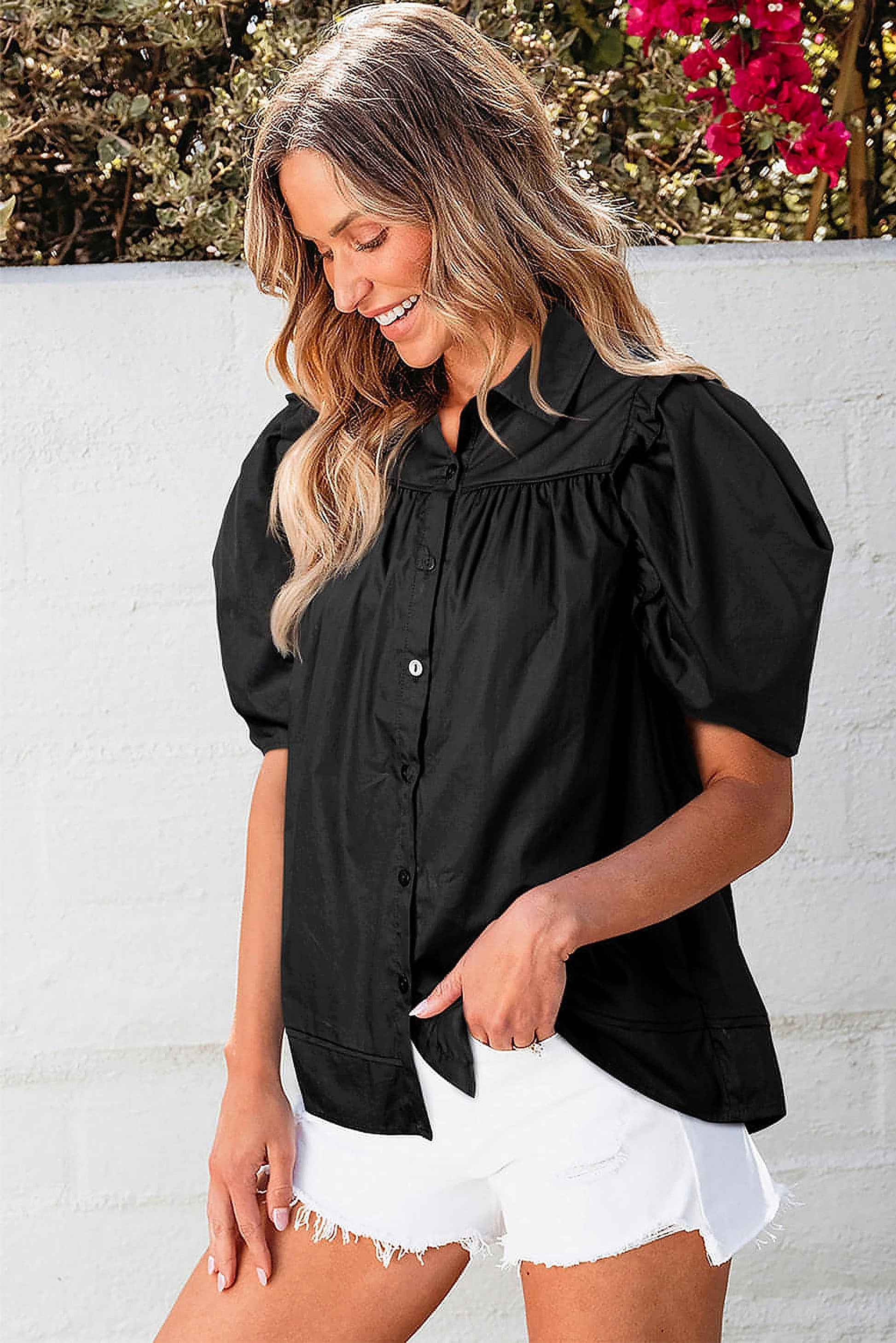Black Crisp Puff Sleeve Loose Shirt - enhanced image 11
