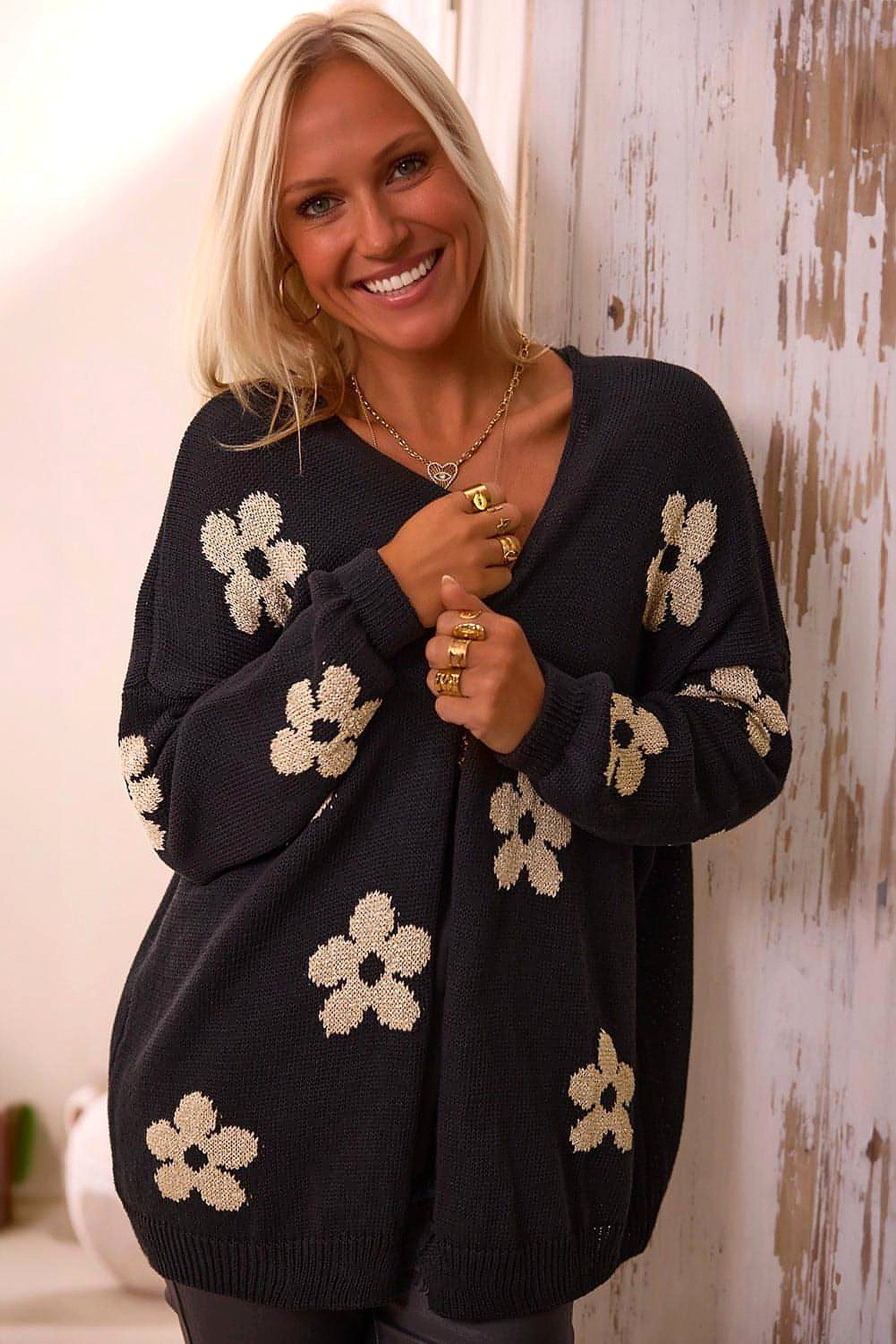 Black Floral Print Knitted Open Front Loose Cardigan - enhanced image 11
