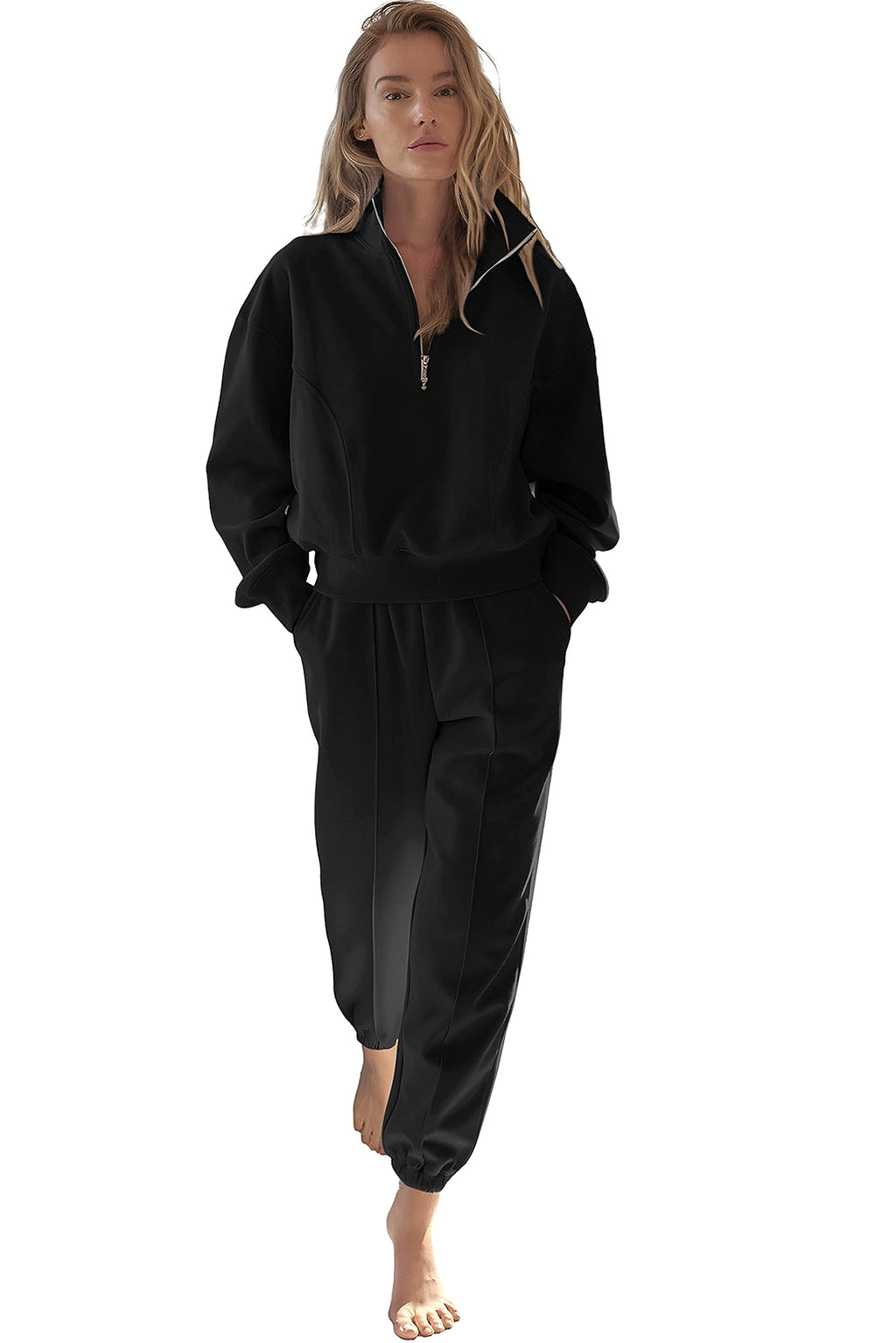 Black Half Zip up Pullover Active Top and Joggers Set - enhanced image 11