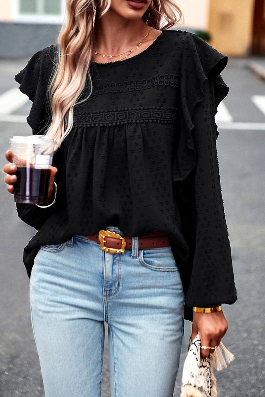 Black Lace Eyelet Ruffle Shoulder Long Sleeve Blouse - enhanced image 11