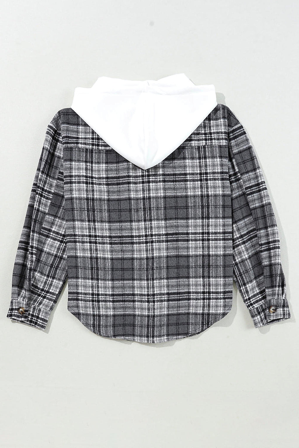 Black Plaid Print Flap Pockets Contrast Hooded Loose Shacket. - enhanced image 11