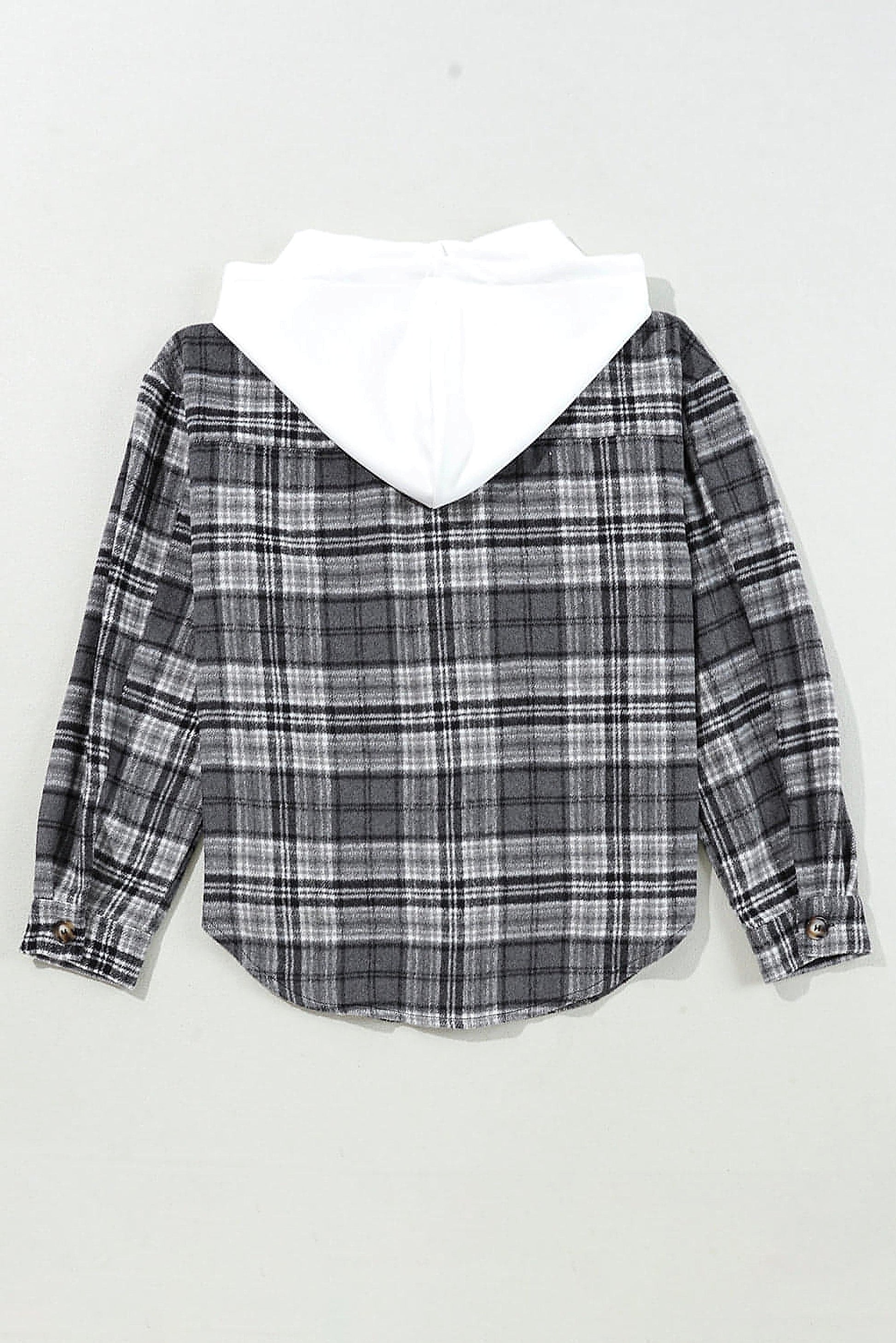 Black Plaid Print Flap Pockets Contrast Hooded Loose Shacket. - enhanced image 11