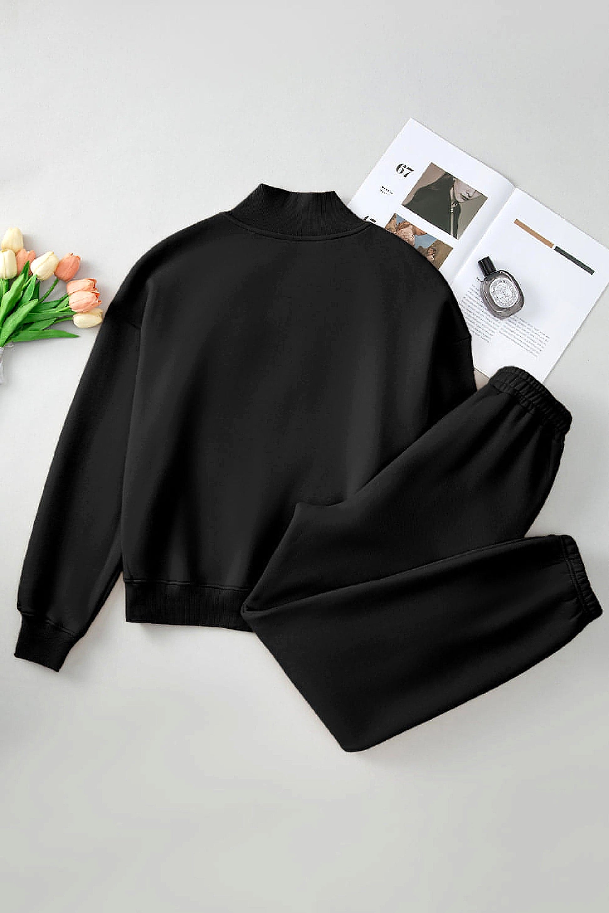 Black Plain Half Zip V Neck Ribbed Edge Loose Tracksuit - enhanced image 11