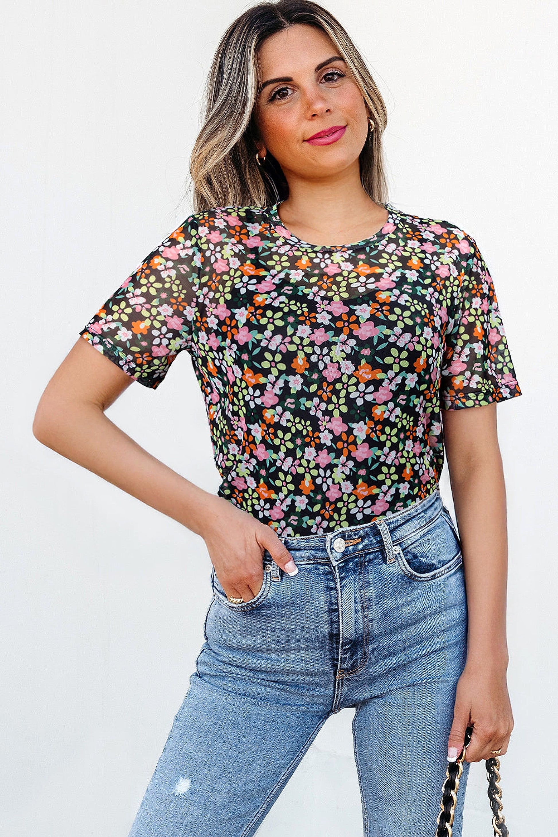 Black Sheer Floral Mesh Round Neck T Shirt - enhanced image 11