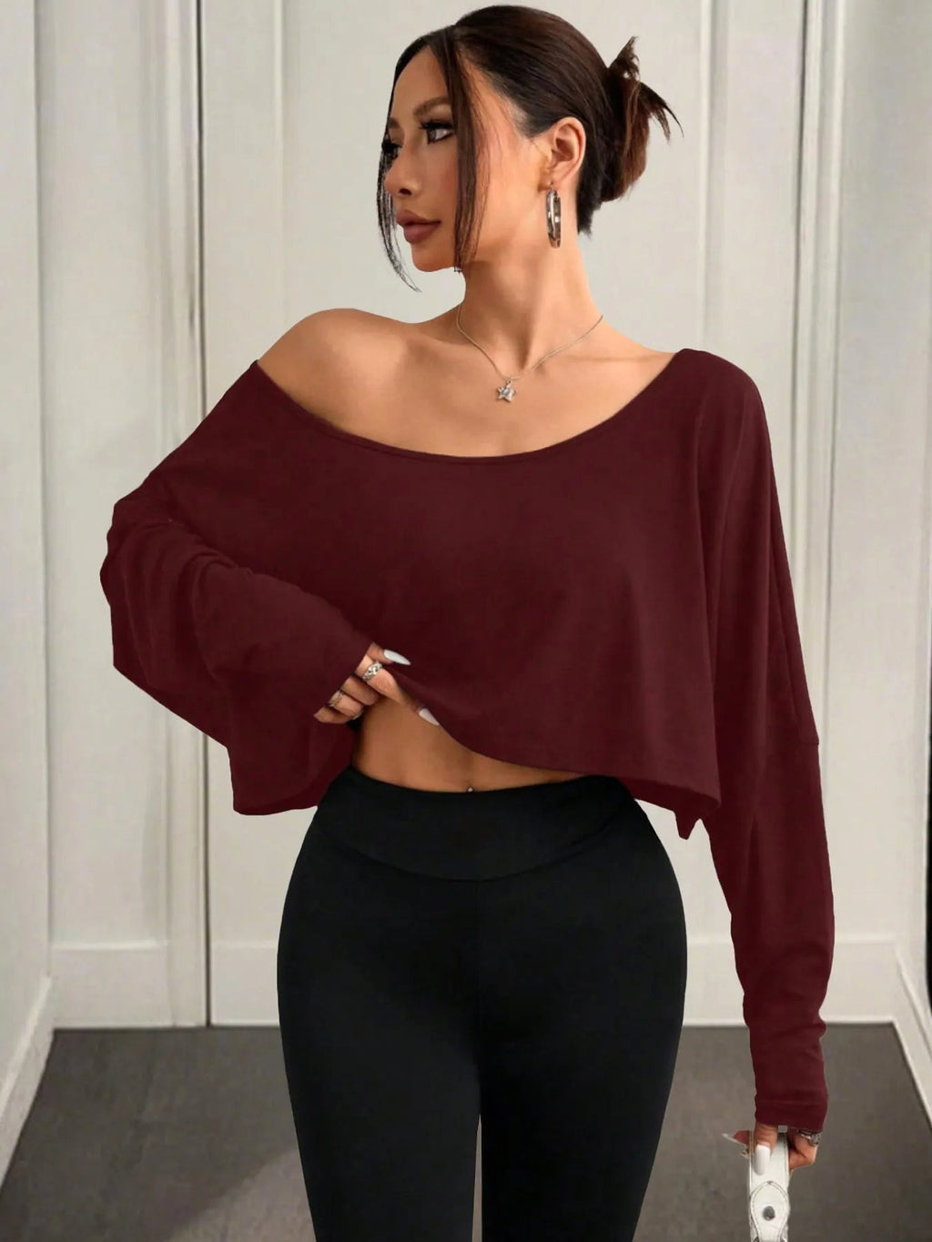 Boat Neck Long Sleeve Crop Top - enhanced image 11