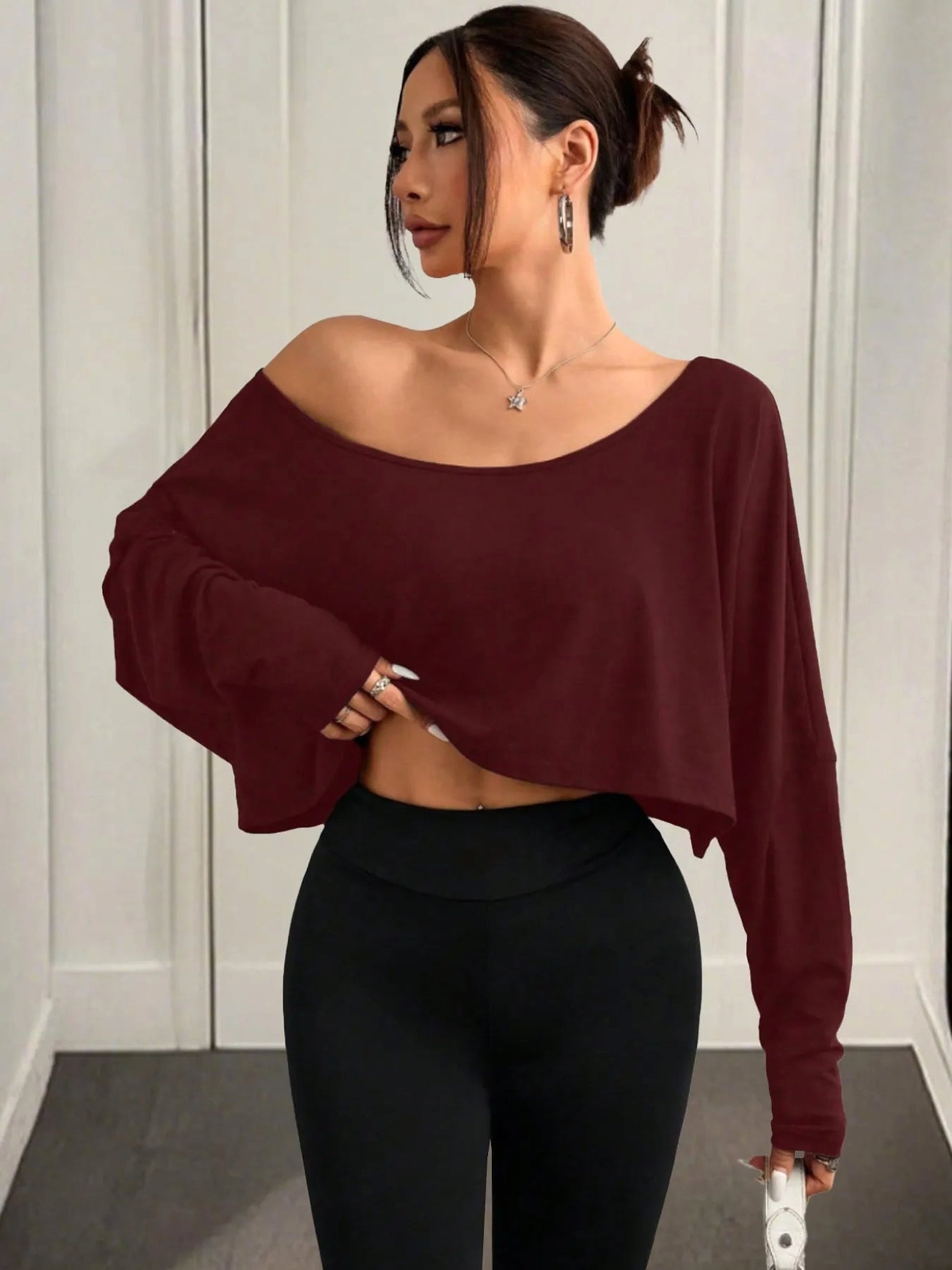 Boat Neck Long Sleeve Crop Top - enhanced image 11