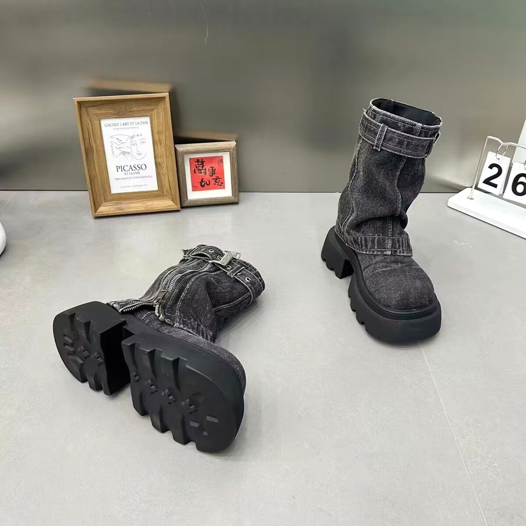 Boots Denim Fake Two Pieces Pile Style Boots Motorcycle Boots - enhanced image 11