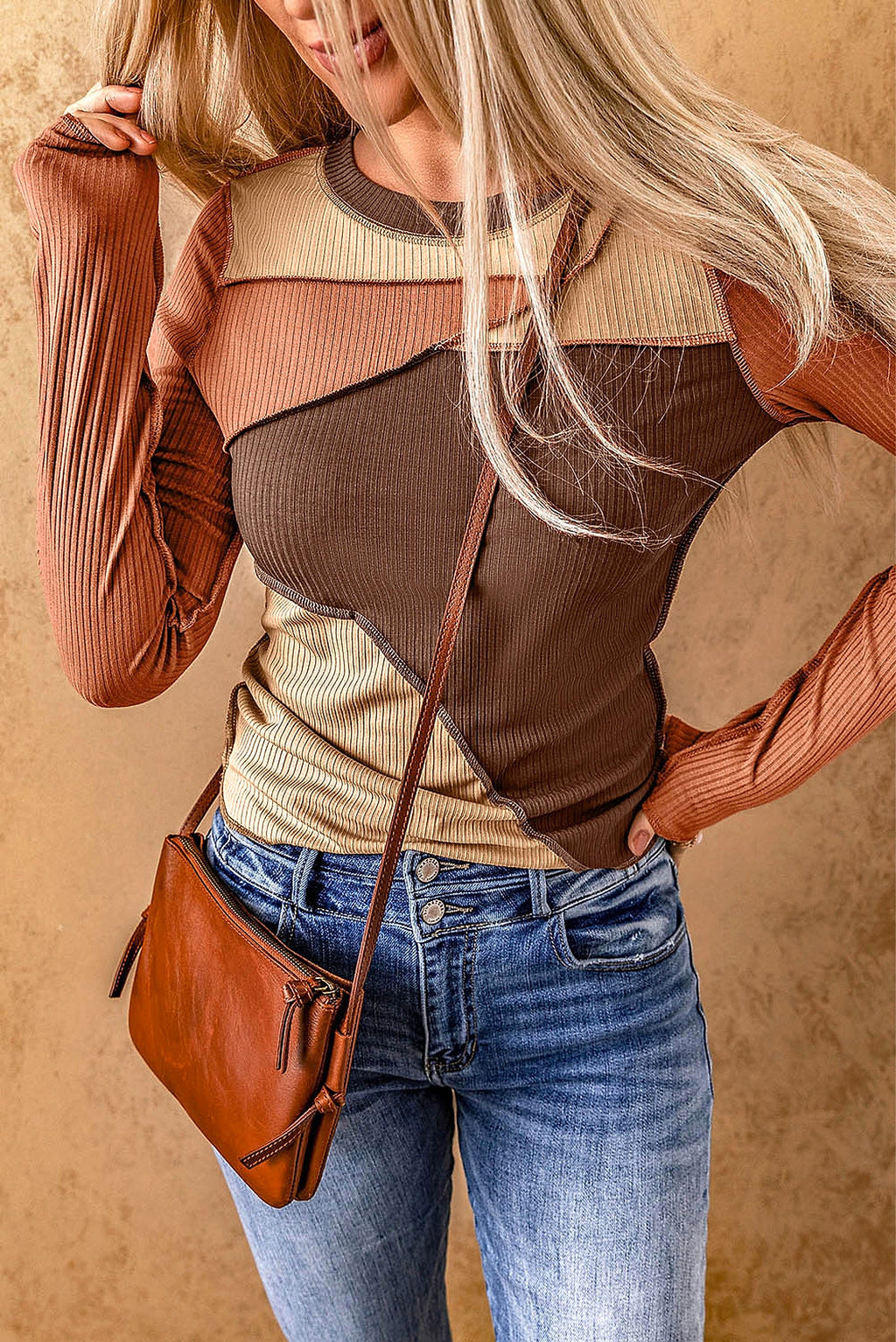 Brown Expose Seam Color Block Ribbed Knit Top - enhanced image 11