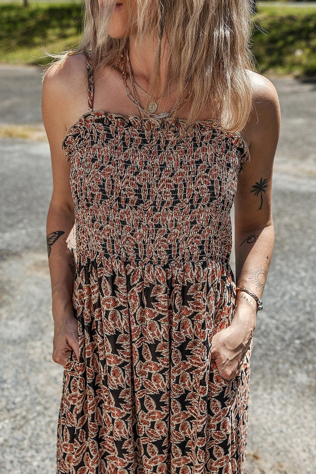 Brown Floral Smocked Bodice High Waist Flowy Sun Dress - enhanced image 11